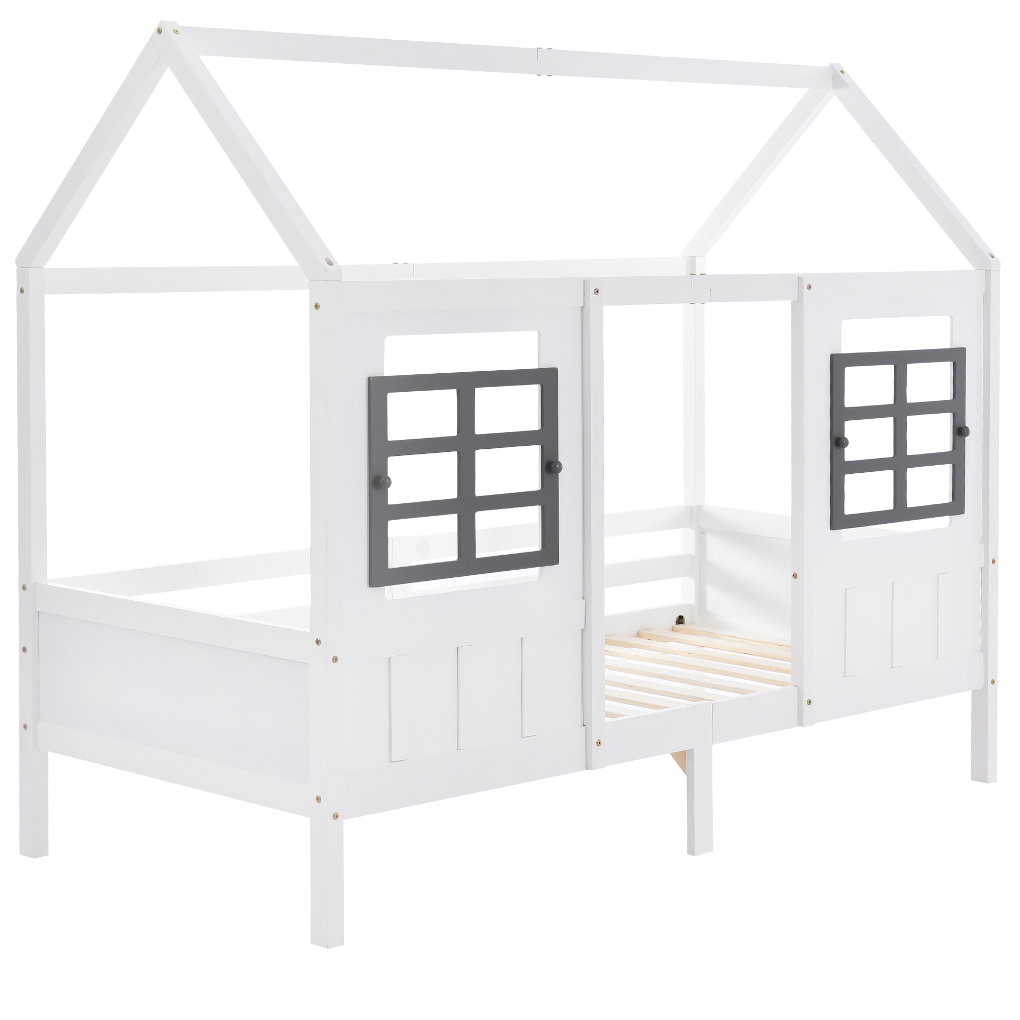 Lit enfant en forme de maison avec doubles fenêtres MDF, barrières sécurité, autocollants vis, pour chambre d'enfant, design chaleureux, sécurité renforcée, jeu et sommeil, style ludique, stabilité, confort - image 8