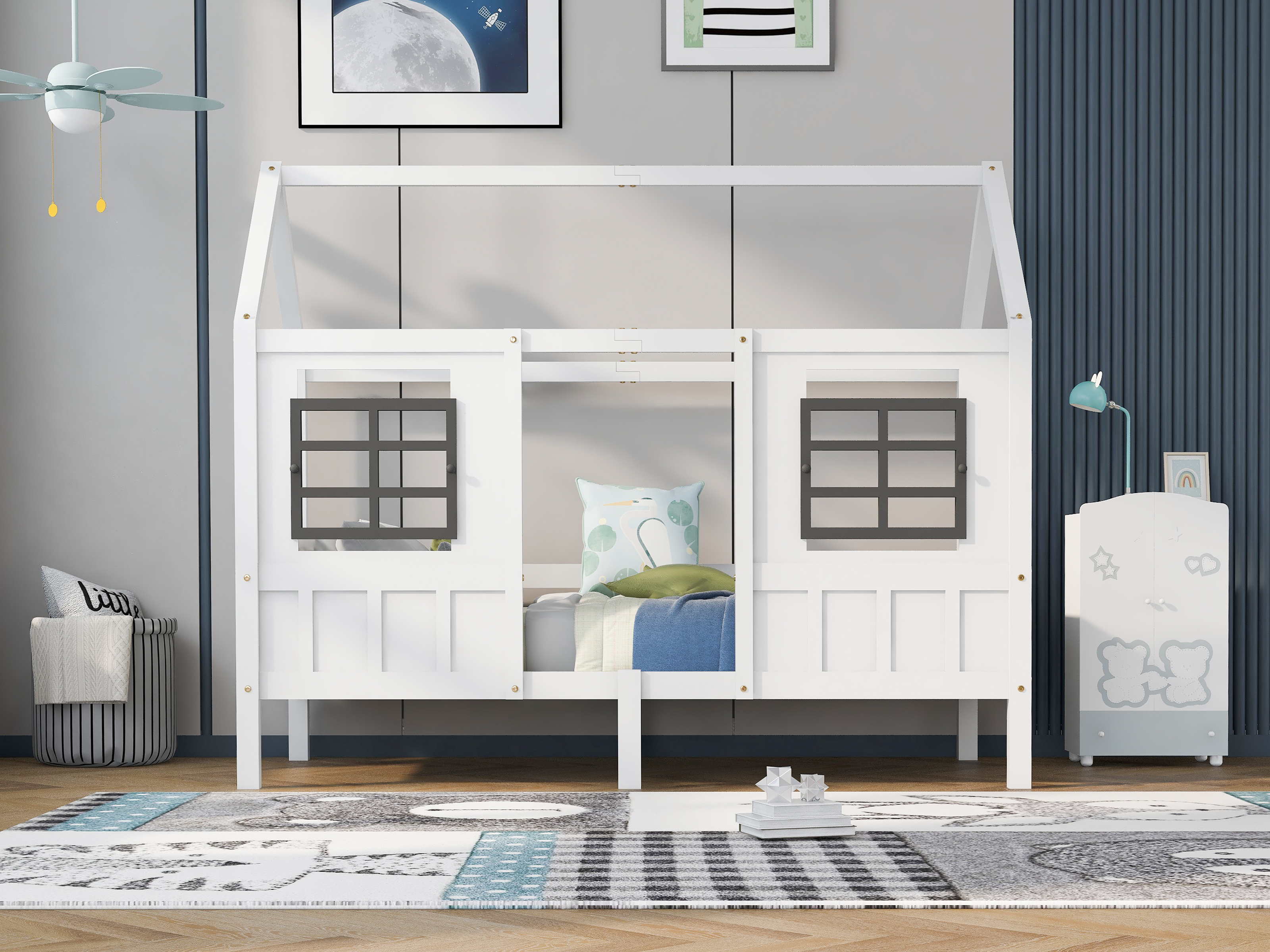 Lit enfant en forme de maison avec doubles fenêtres MDF, barrières sécurité, autocollants vis, pour chambre d'enfant, design chaleureux, sécurité renforcée, jeu et sommeil, style ludique, stabilité, confort - image 1