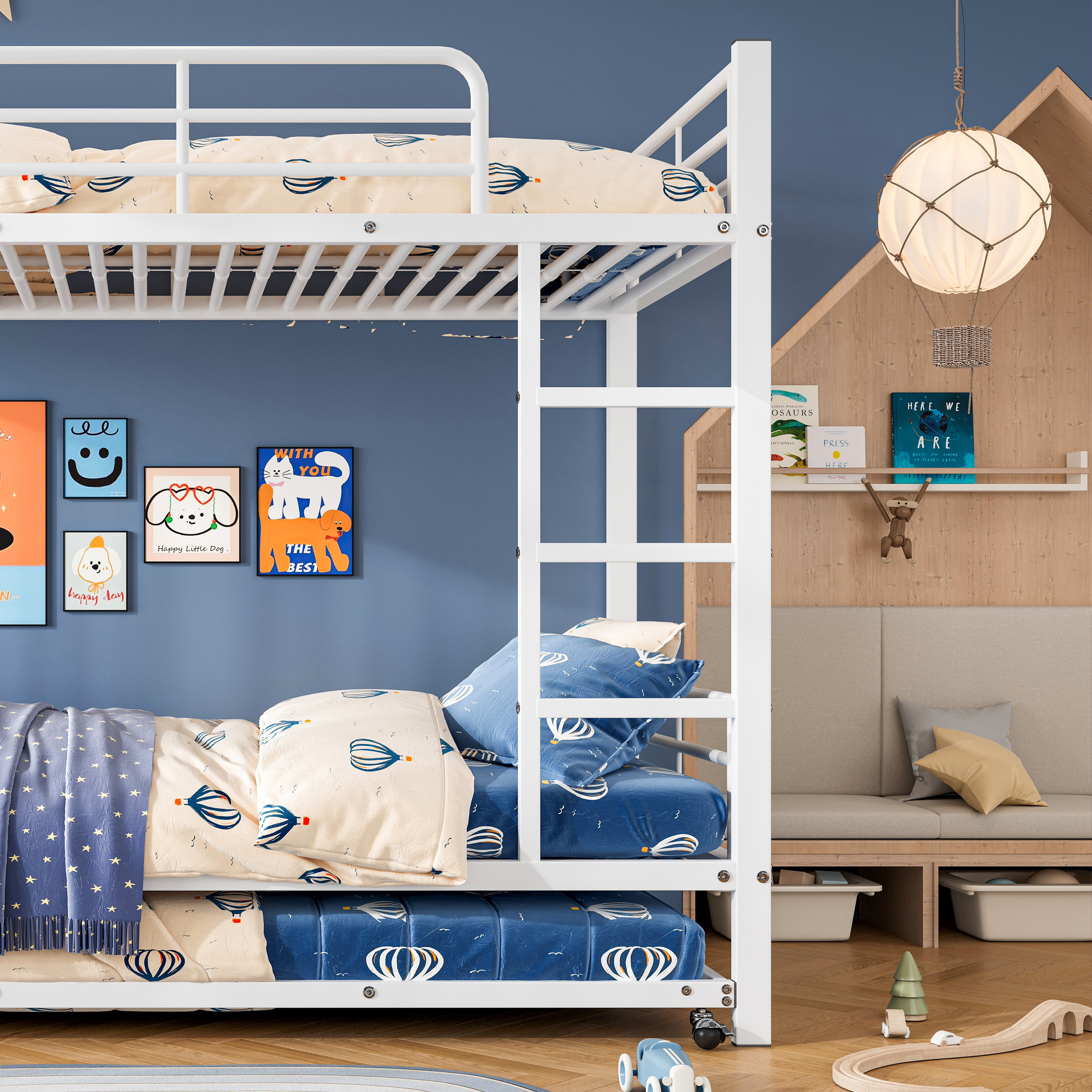 Lit superposé avec lit escamotable, pour matelas 90×200 et 90×190 cm, 4 barrières sécurité, échelle 3 marches, pour chambre d'enfant, gain de place vertical, accès sûr, design stable, style fonctionnel - image 13