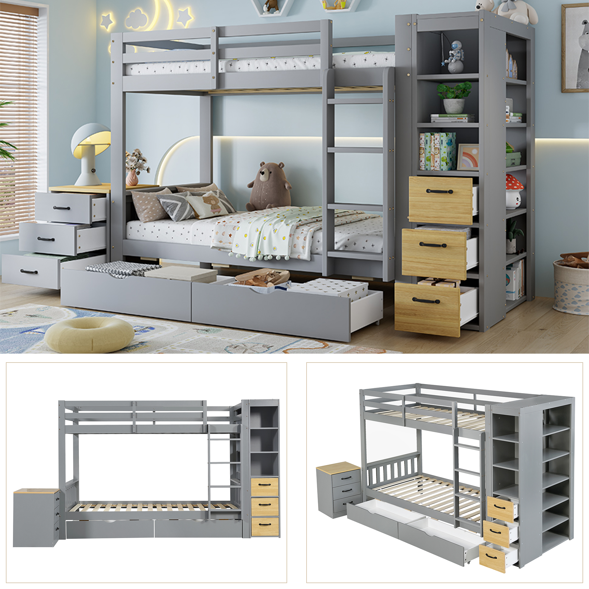 Lit superposé 90 x 200 cm / 239 x 102 cm avec 2 tiroirs, échelle, LED, rangements, bois massif et MDF, Gris clair et effet bois naturel - dimensions et détails