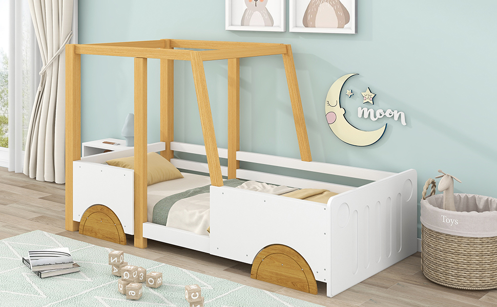 Lit enfant en forme de voiture, couleurs blanc/naturel/marron, autocollants vis, pour chambre d'enfant, design ludique, rêve automobile, sécurité renforcée, style charmant, stabilité, décoration, fonctionnalité - image 6