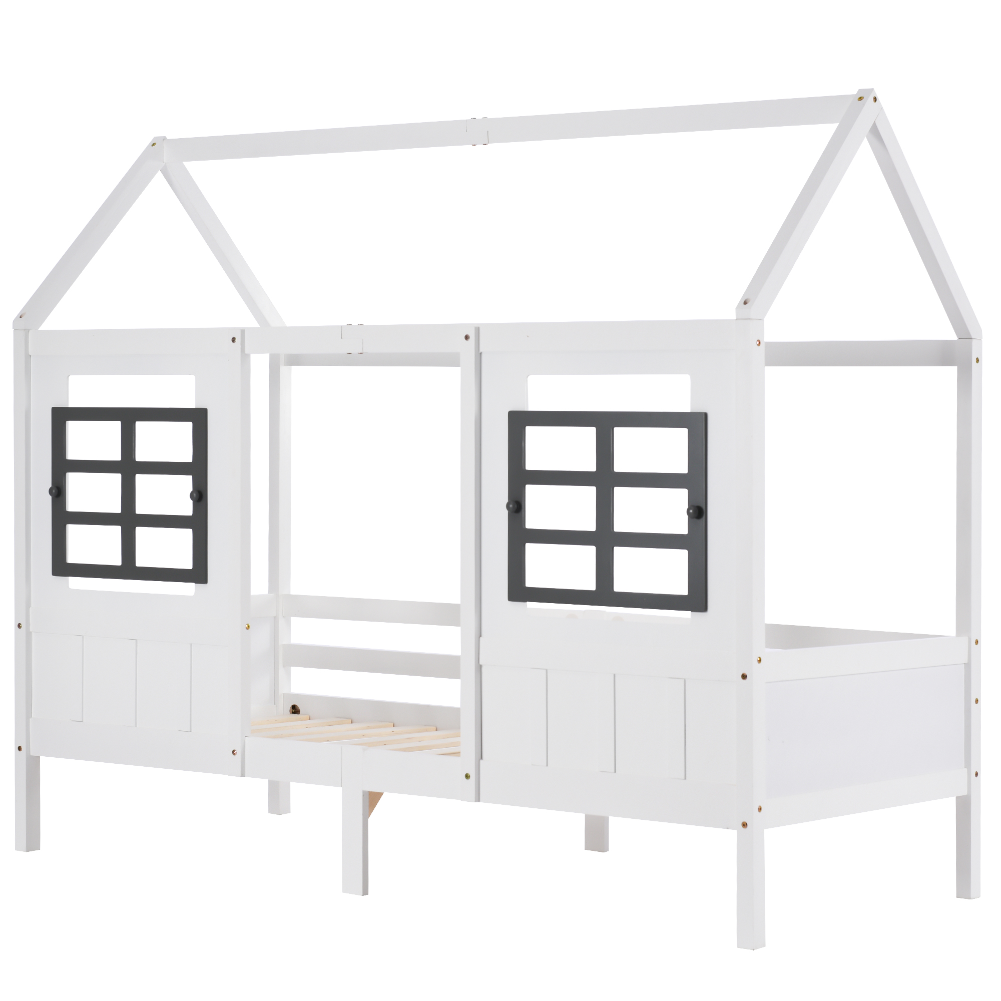Lit enfant en forme de maison avec doubles fenêtres MDF, barrières sécurité, autocollants vis, pour chambre d'enfant, design chaleureux, sécurité renforcée, jeu et sommeil, style ludique, stabilité, confort - image 10