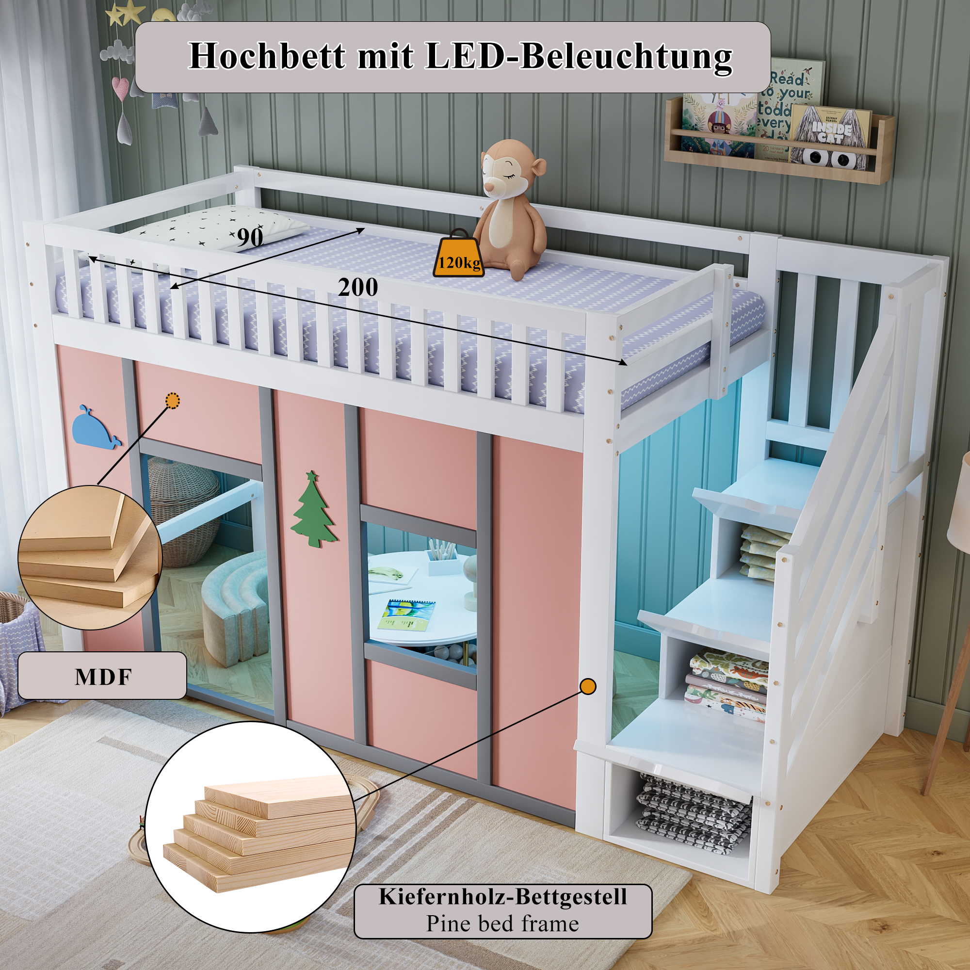 Lit mi-hauteur 90 x 200 cm, escalier de rangement, éclairage LED sous le couchage, garde-corps, espace sous le lit aménageable, bois de pin, MDF et LVL, blanc et rose, 252,5 x 95 x 142 cm - points forts 1