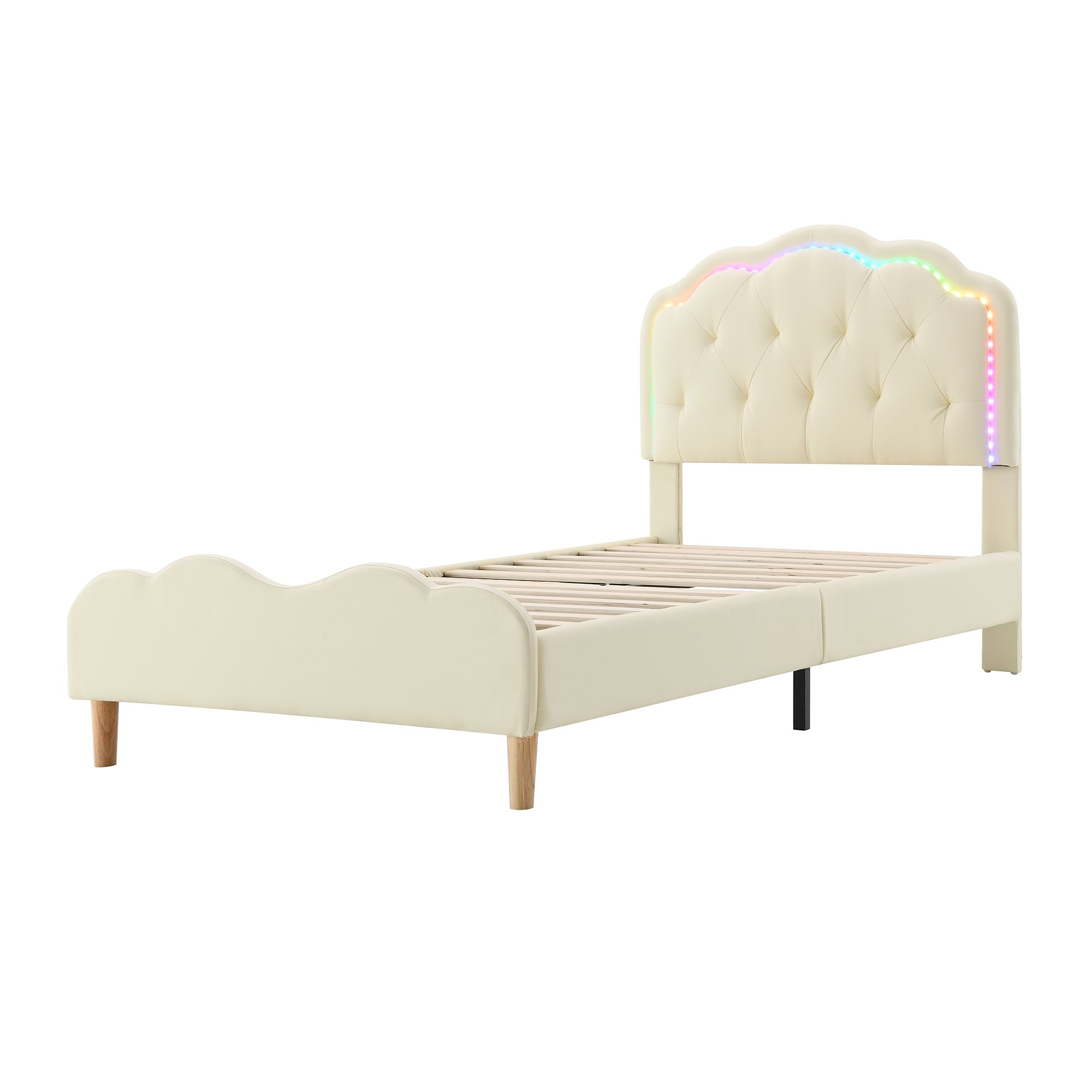 Lit enfant en PU avec LED multicolores effet course, tête ondulée avec boutons, pour chambre d'enfant, ambiance ludique, design élégant, confort, facile entretien, style moderne, fonctionnalité - image 14