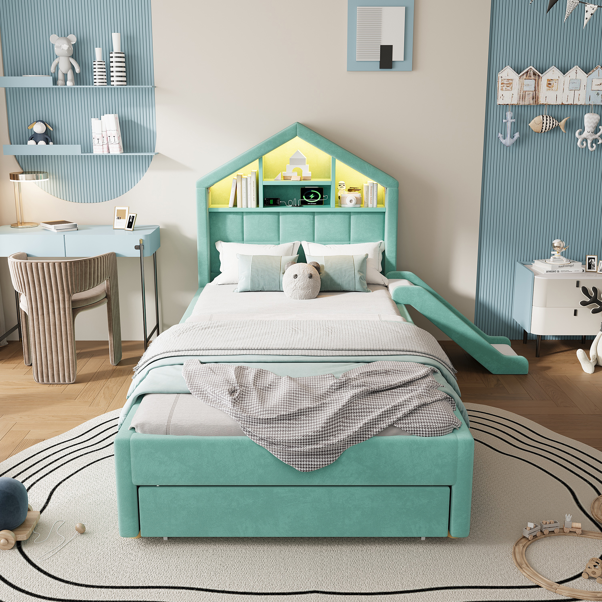 Lit Enfant 90×200 cm – Design Maison, Toboggan Modulable et LED – Tête de lit en forme de maison avec rangements intégrés