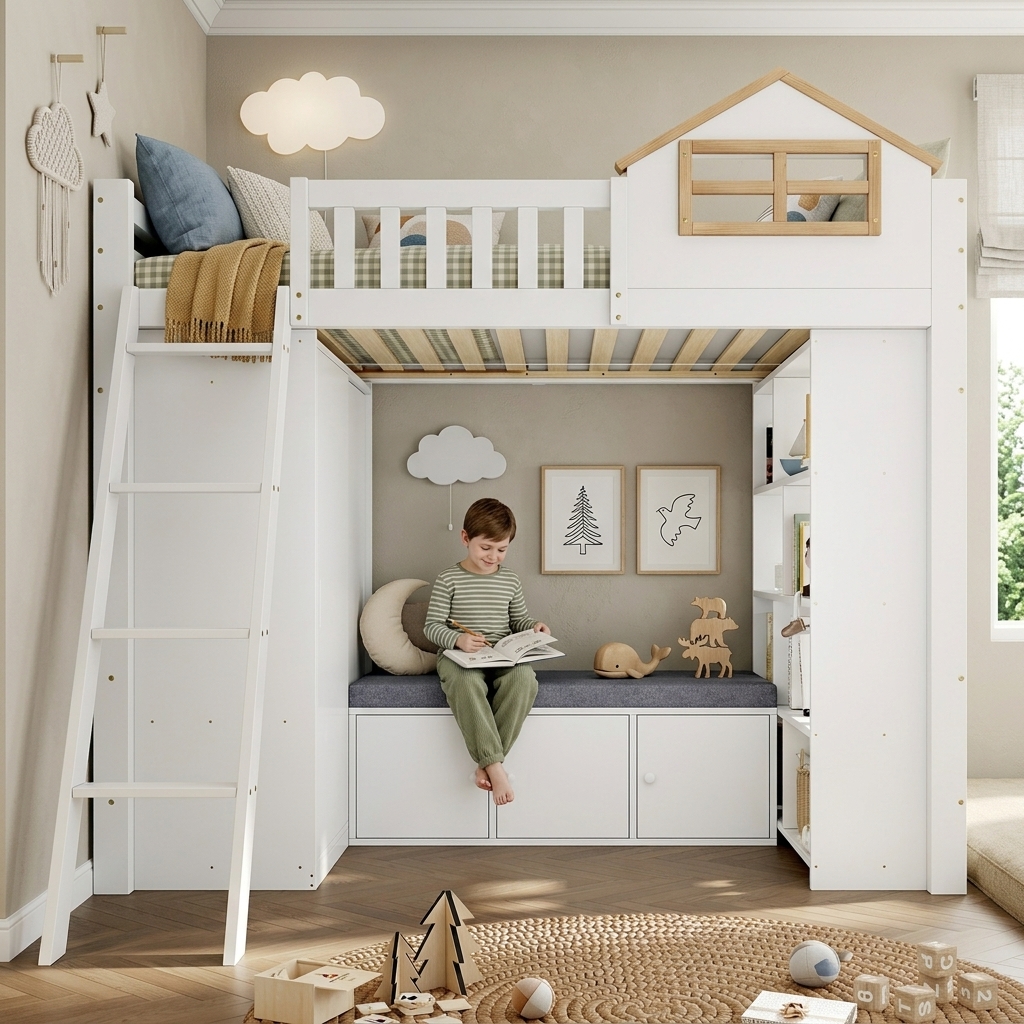 Lit surélevé enfant 90 x 200 cm blanc et bois avec design maison