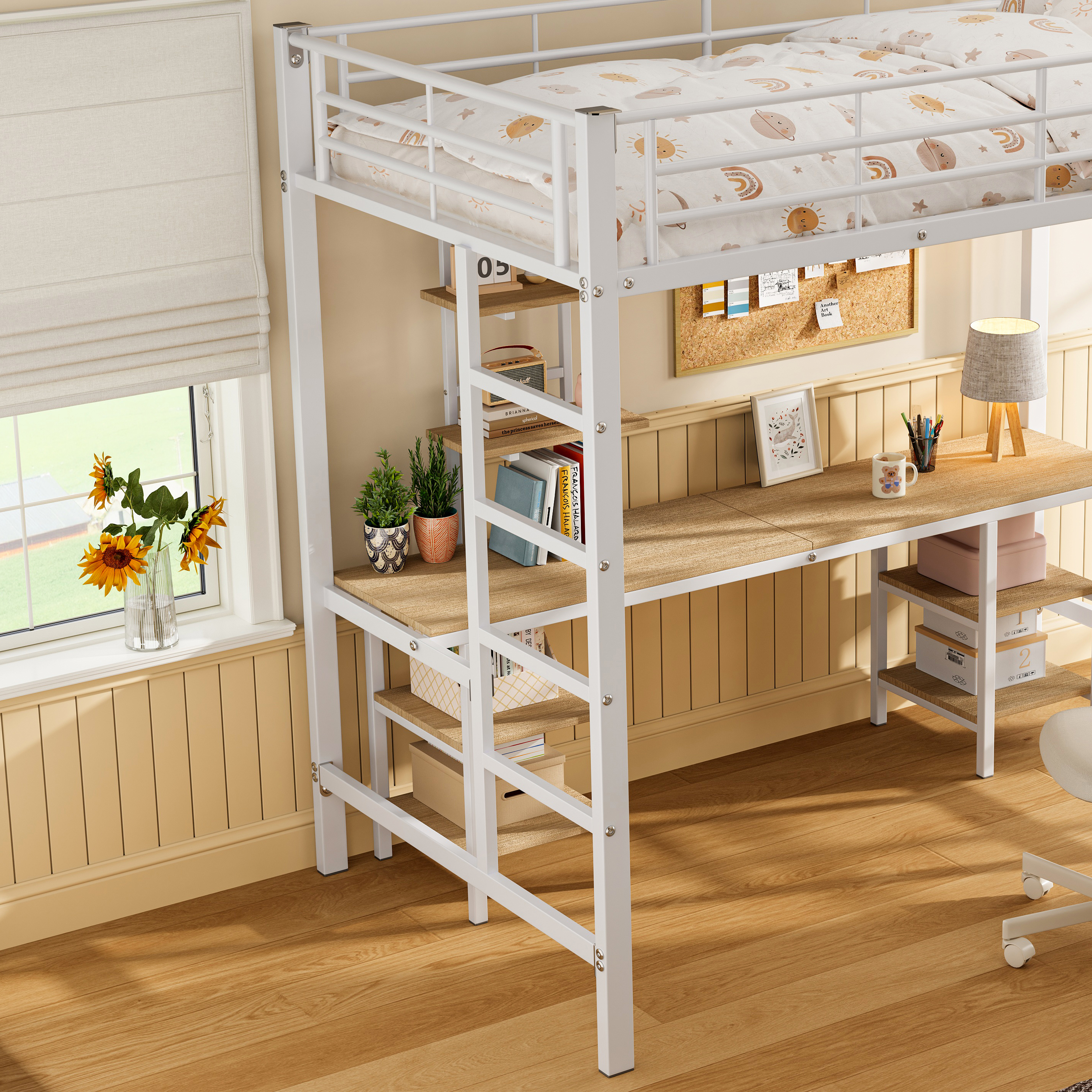 Lit superposé en fer avec bureau et étagères niveau inférieur, pour chambre d'enfant, construction robuste, design polyvalent, maximise espace, étude et jeu, stabilité, sécurité, style fonctionnel moderne - image 14