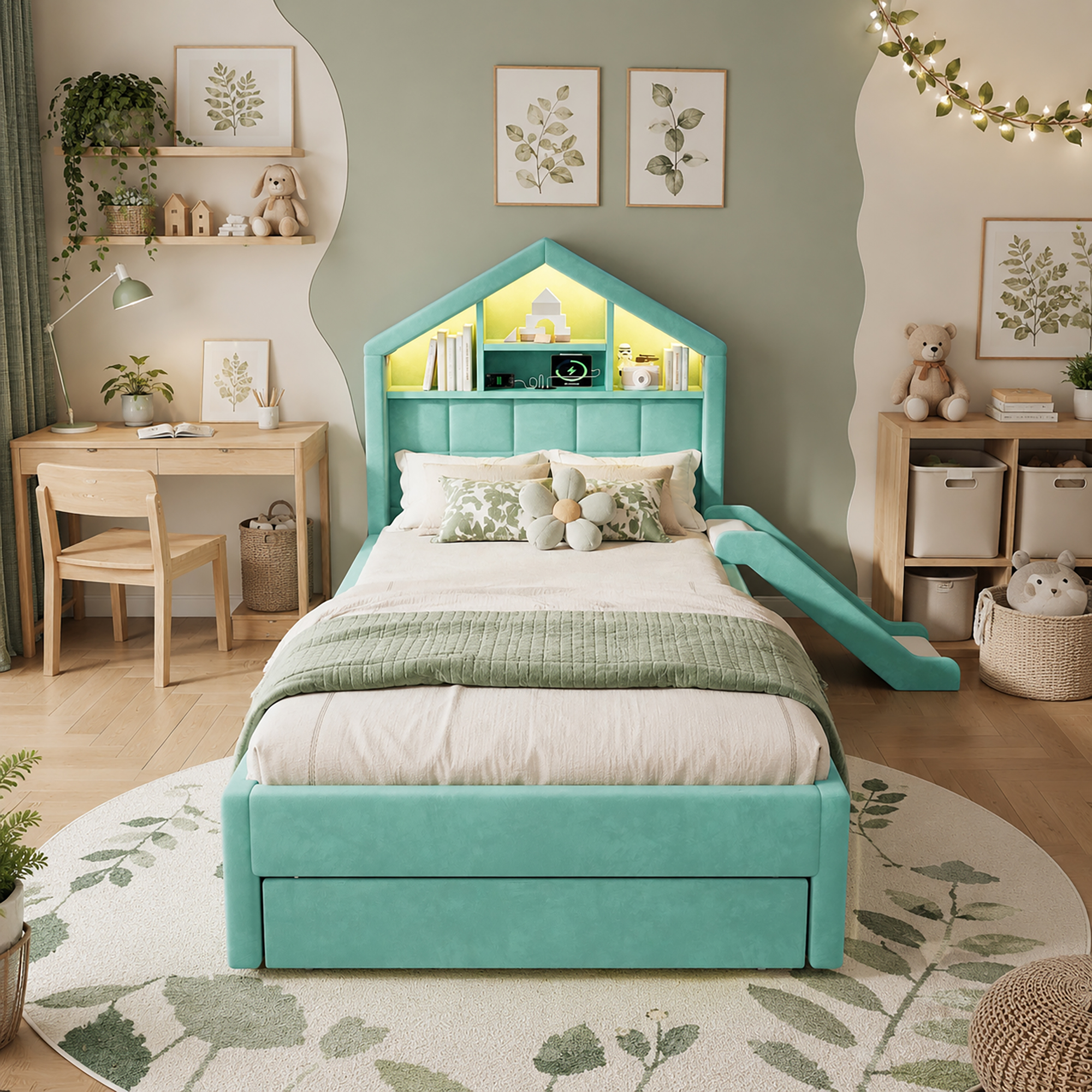 Lit cabane 90 x 200 cm avec échelle, toboggan, LED, ports de charge, velours, Bleu-vert - dimensions et détails