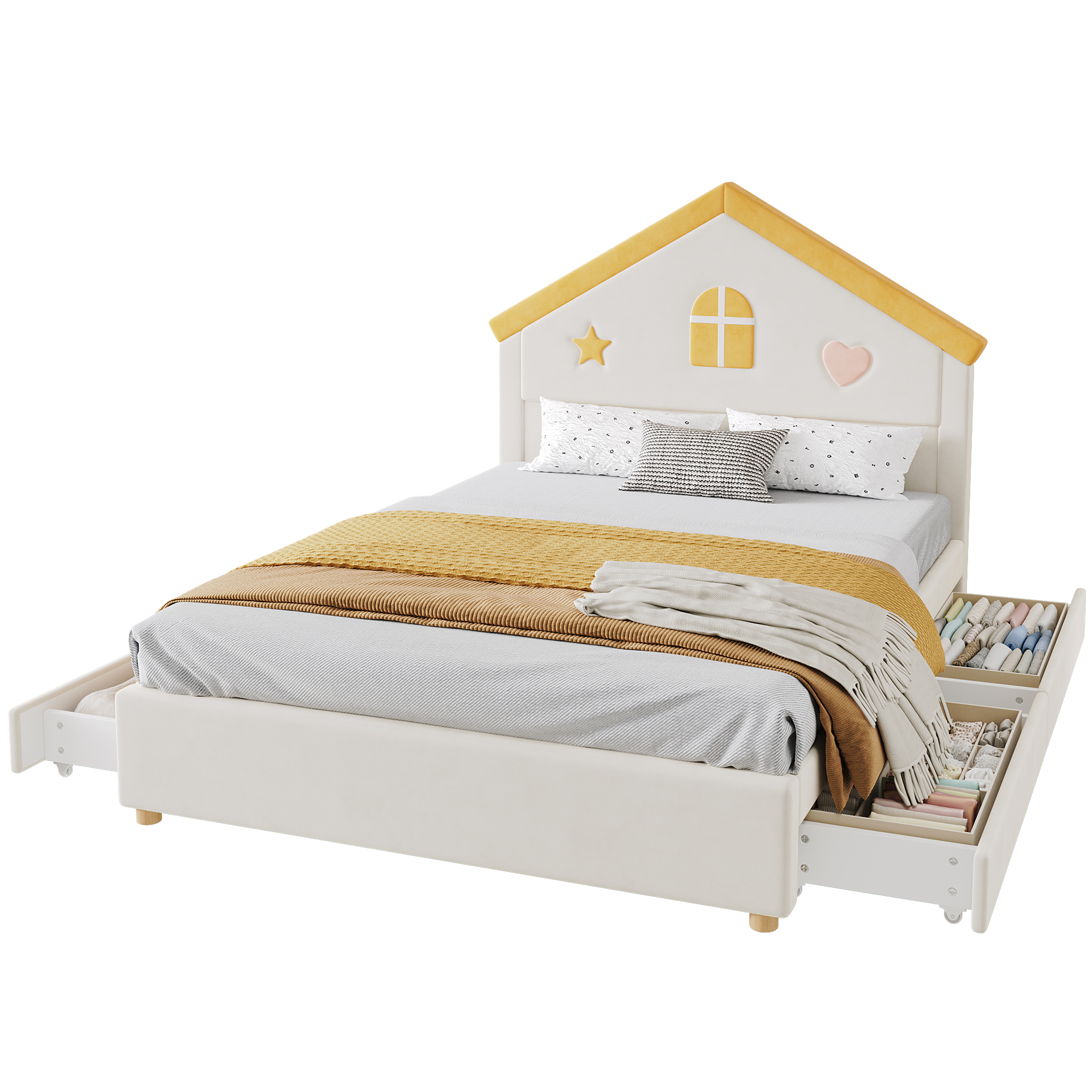 Lit cabane 140 x 200 cm avec 4 tiroirs, LED, ports de charge, velours, Beige - fonctions