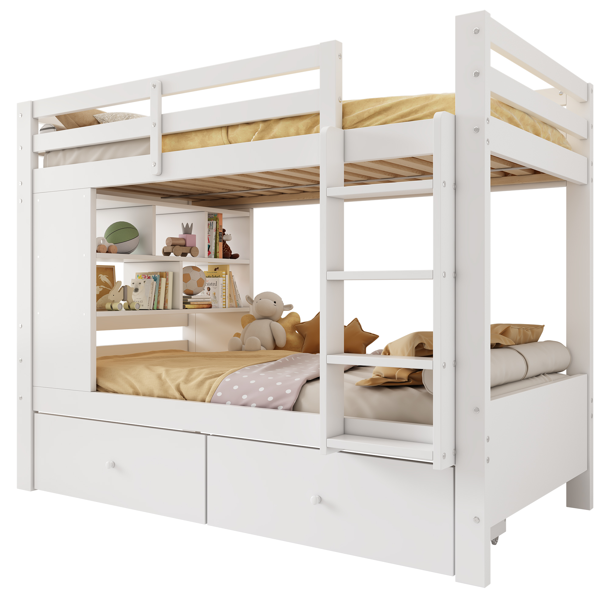 Lit superposé 90 x 200 cm / 205 x 104 cm avec 2 tiroirs, échelle, LED, rangements, bois, Blanc - fonctions