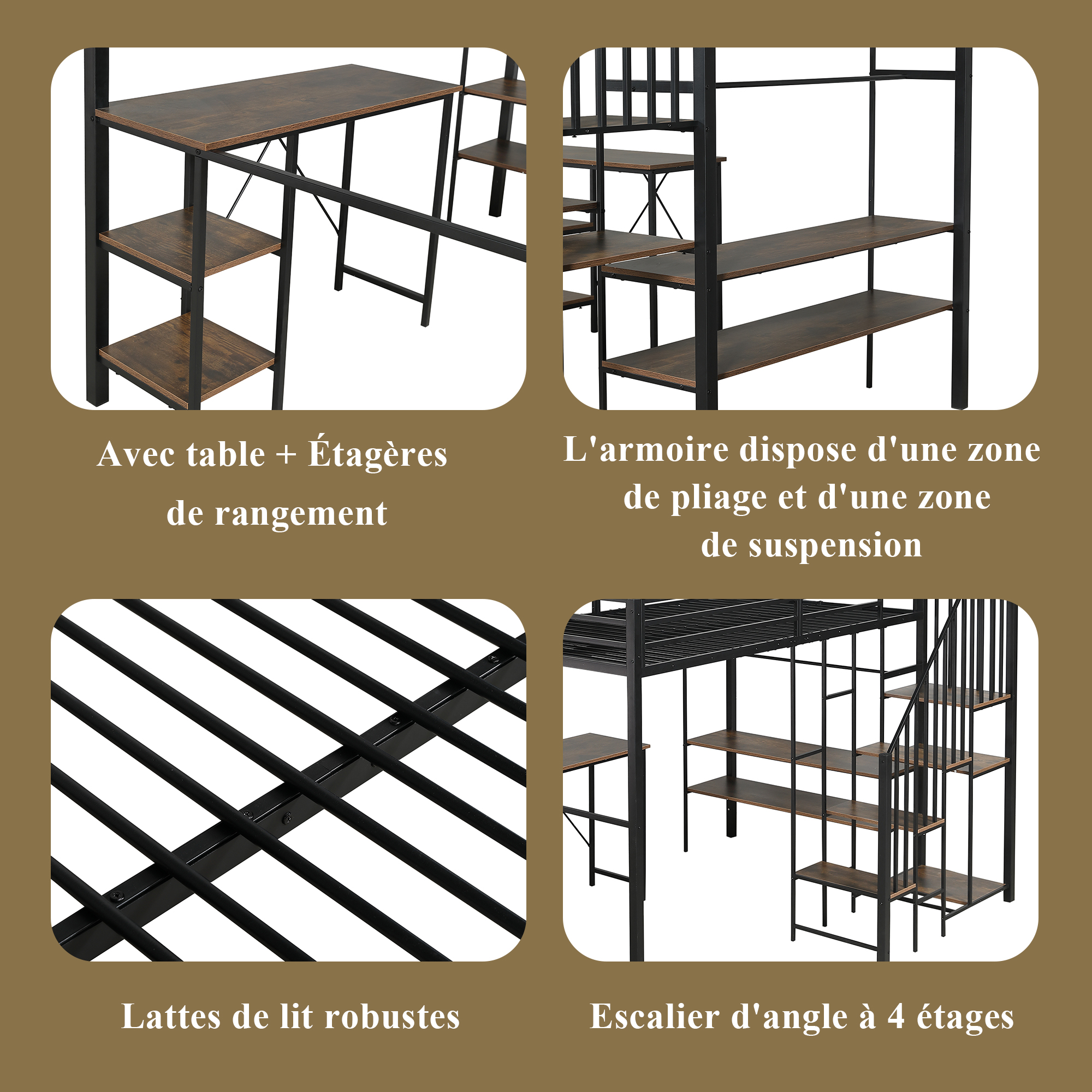 Lit mezzanine en fer avec bureau, étagères ouvertes, penderie ouverte latérale avec tringle, échelle-coffre 4 marches, pour chambre et étude, beaucoup de rangement, utilisation polyvalente, stabilité, fonctionnalité - image 8