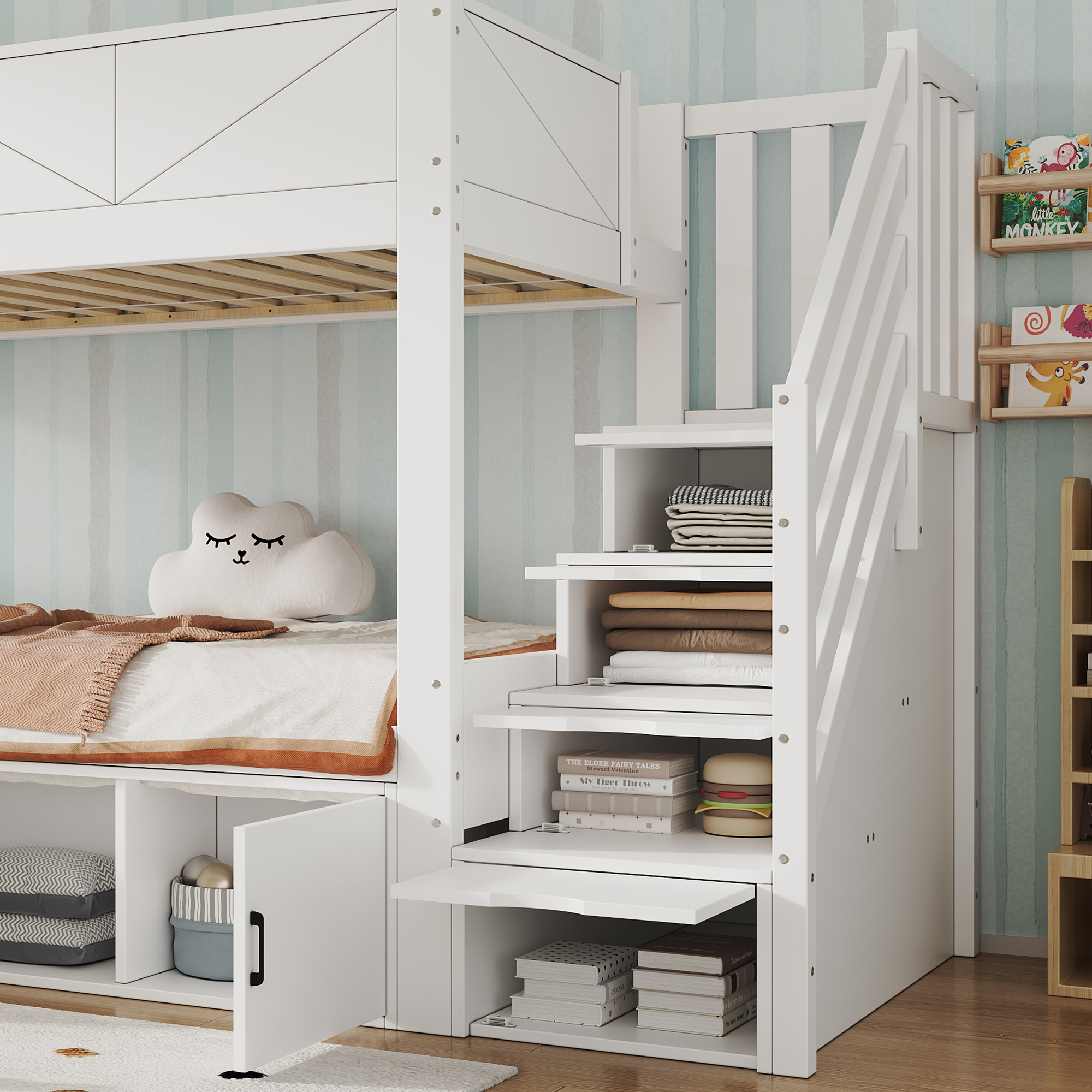 Lit superposé 90 x 200 cm, escalier de rangement, garde-corps, bois de pin, blanc, 254 x 95 x 189 cm 🛏️🪜 - présentation 1