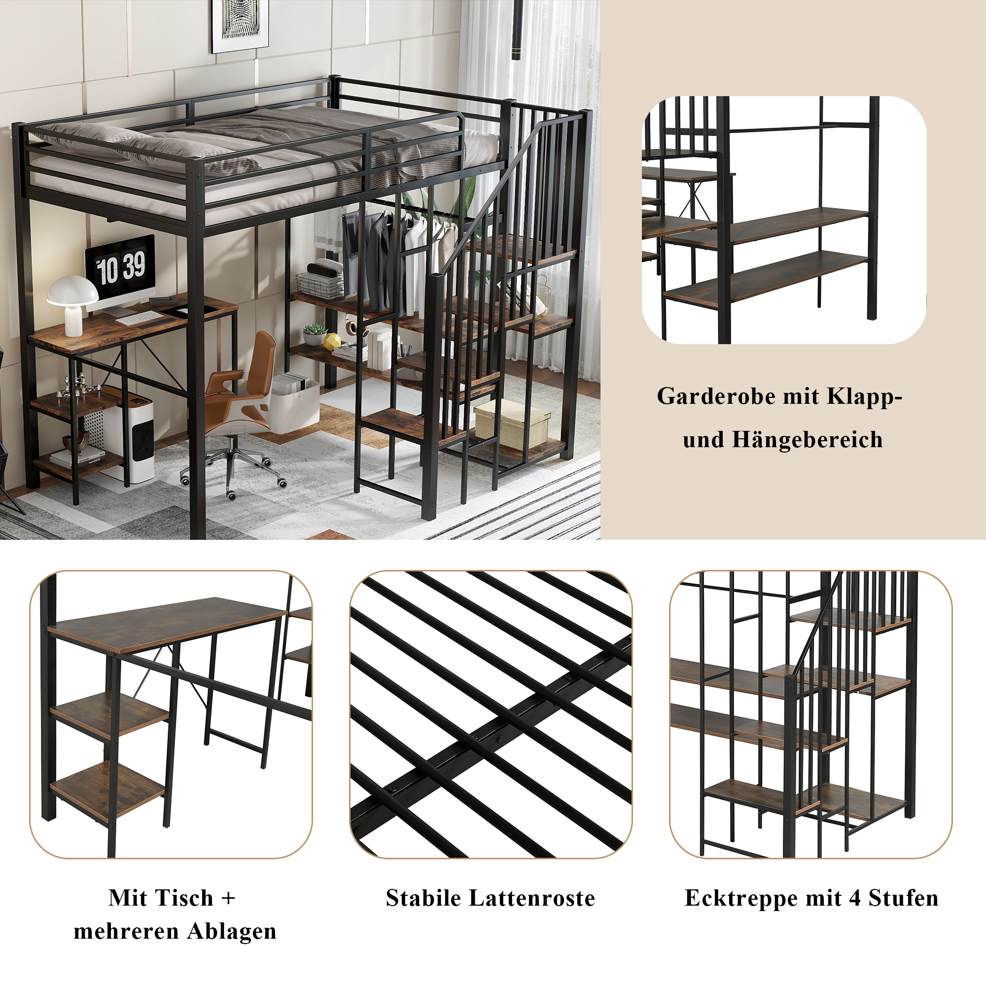 Lit mezzanine en fer avec bureau, étagères ouvertes, penderie ouverte latérale avec tringle, échelle-coffre 4 marches, pour chambre et étude, beaucoup de rangement, utilisation polyvalente, stabilité, fonctionnalité - image 5