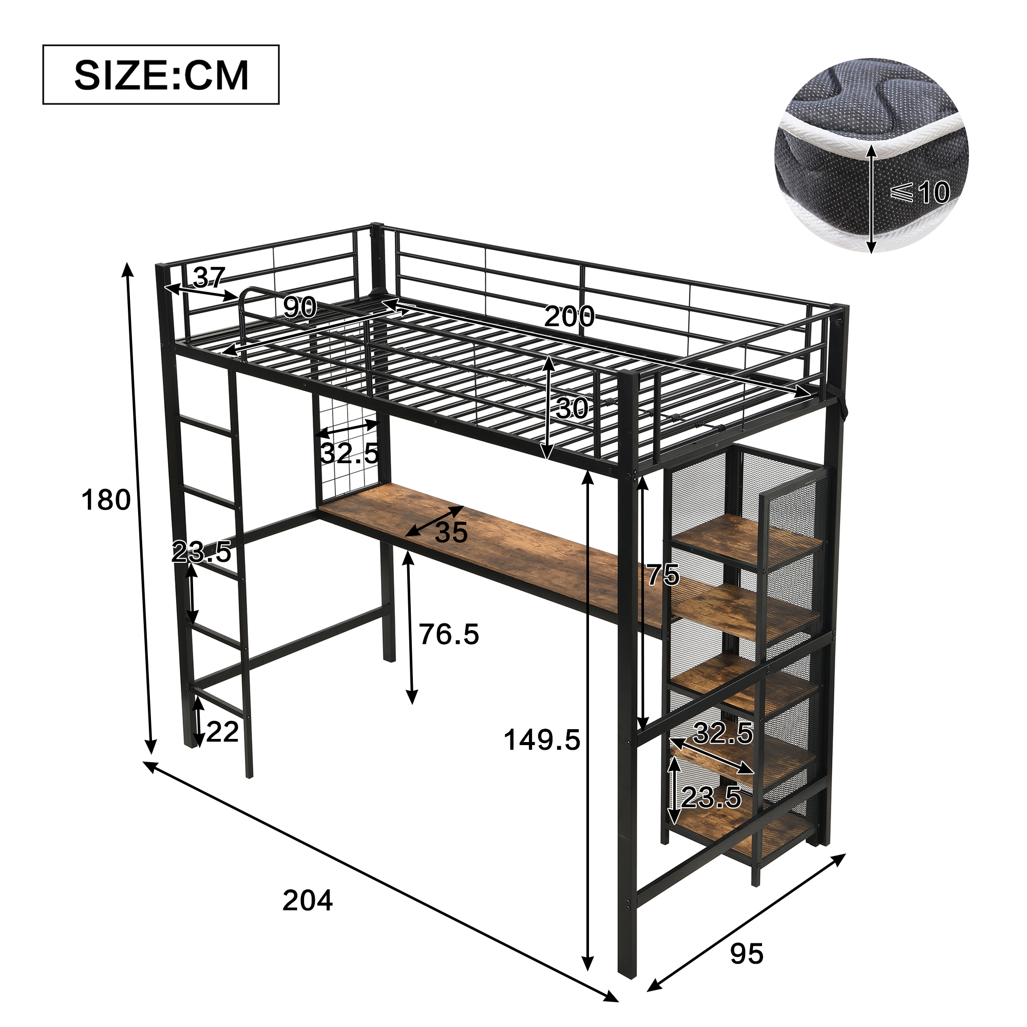 Lit mezzanine en fer et MDF noir avec bureau, étagères et grille, 90x200 cm 5