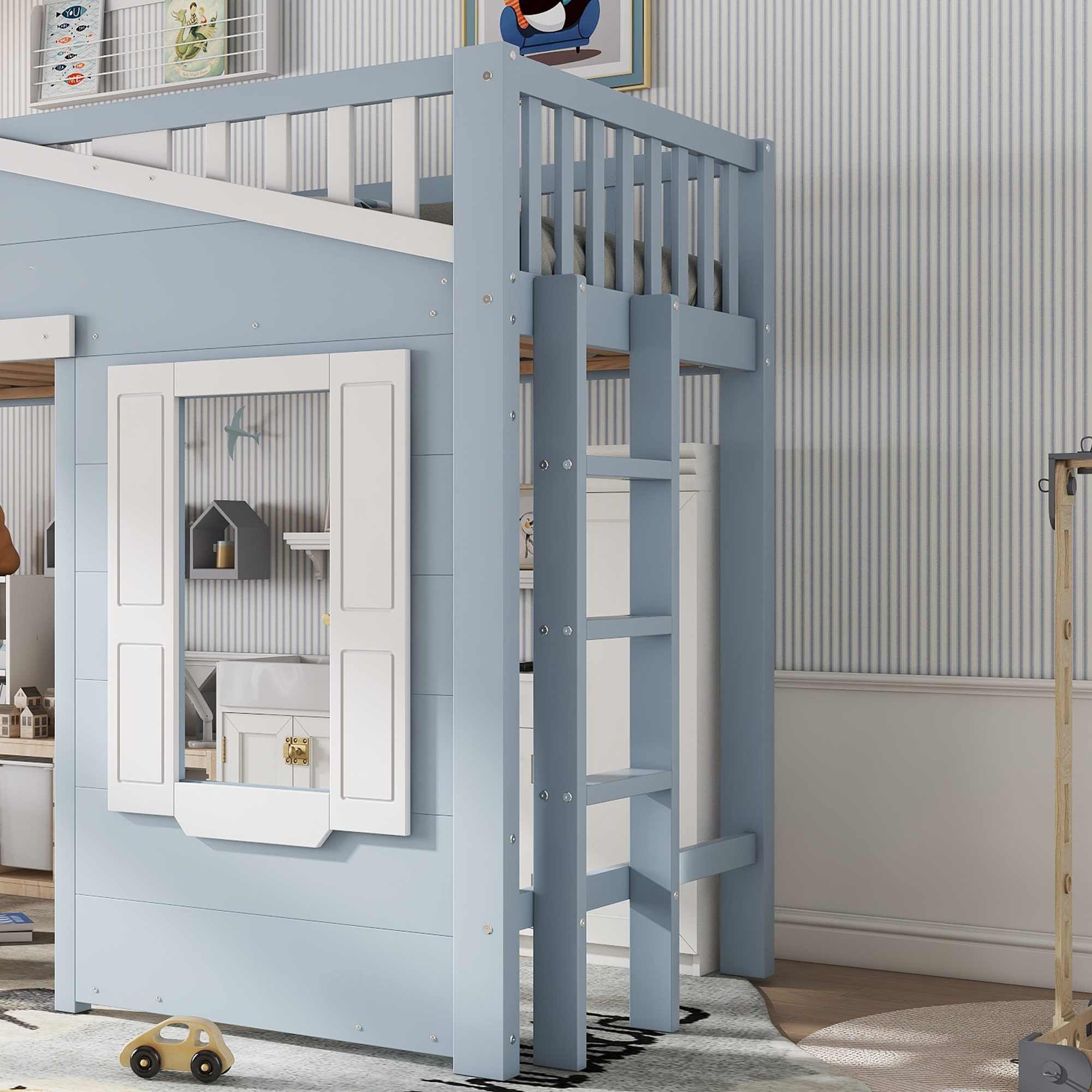Lit mezzanine 90 x 200 cm, escalier, design cabane, espace sous le lit aménageable, bois de pin, blanc et bleu, 210 x 95 x 135 cm 🏠 - points forts 1