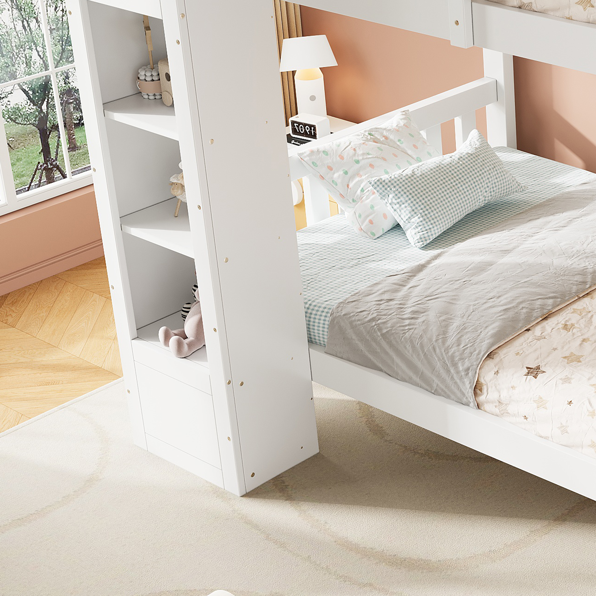 Lit superposé 90 x 200 cm, échelle droite, 2 armoires, garde-corps, bois de pin, blanc, 252 x 116,5 x 150 cm 🛏️🪜 - points forts 1