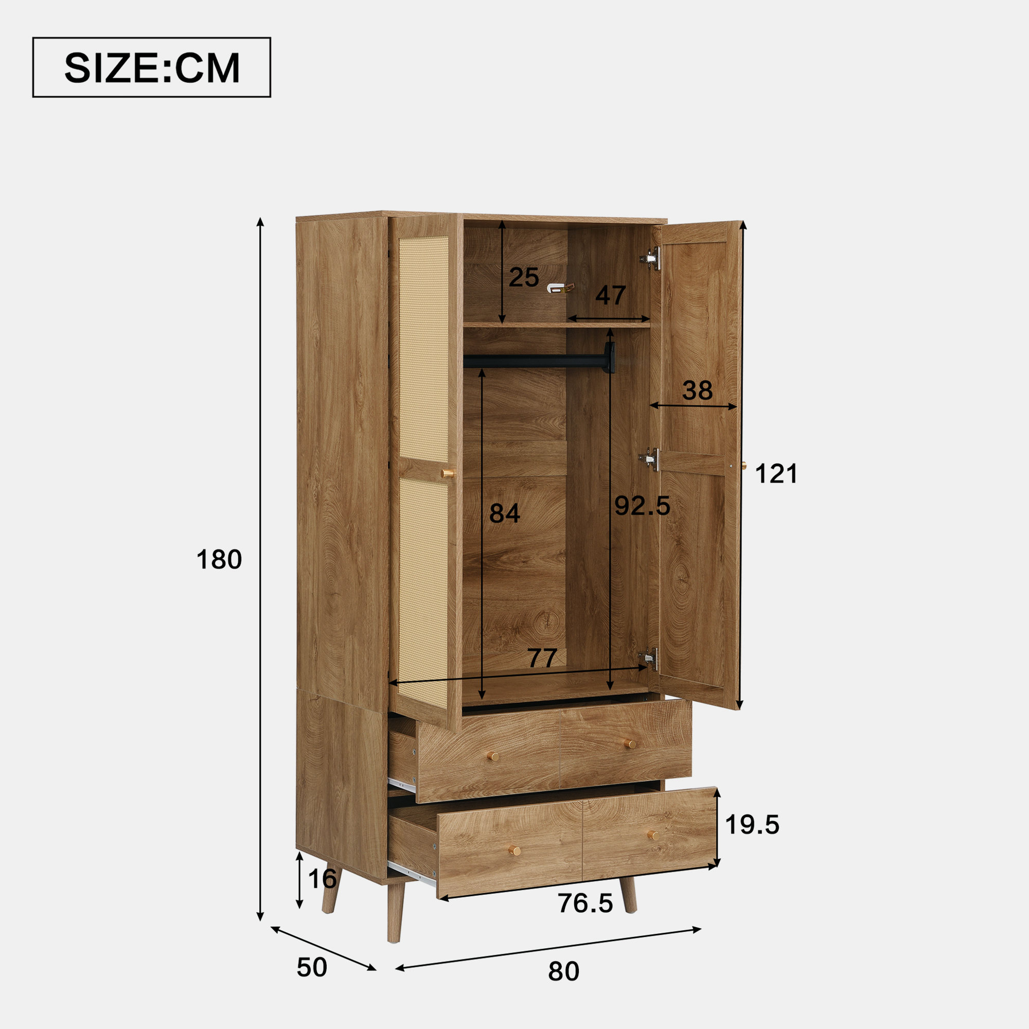 Armoire effet bois naturel avec portes rotin