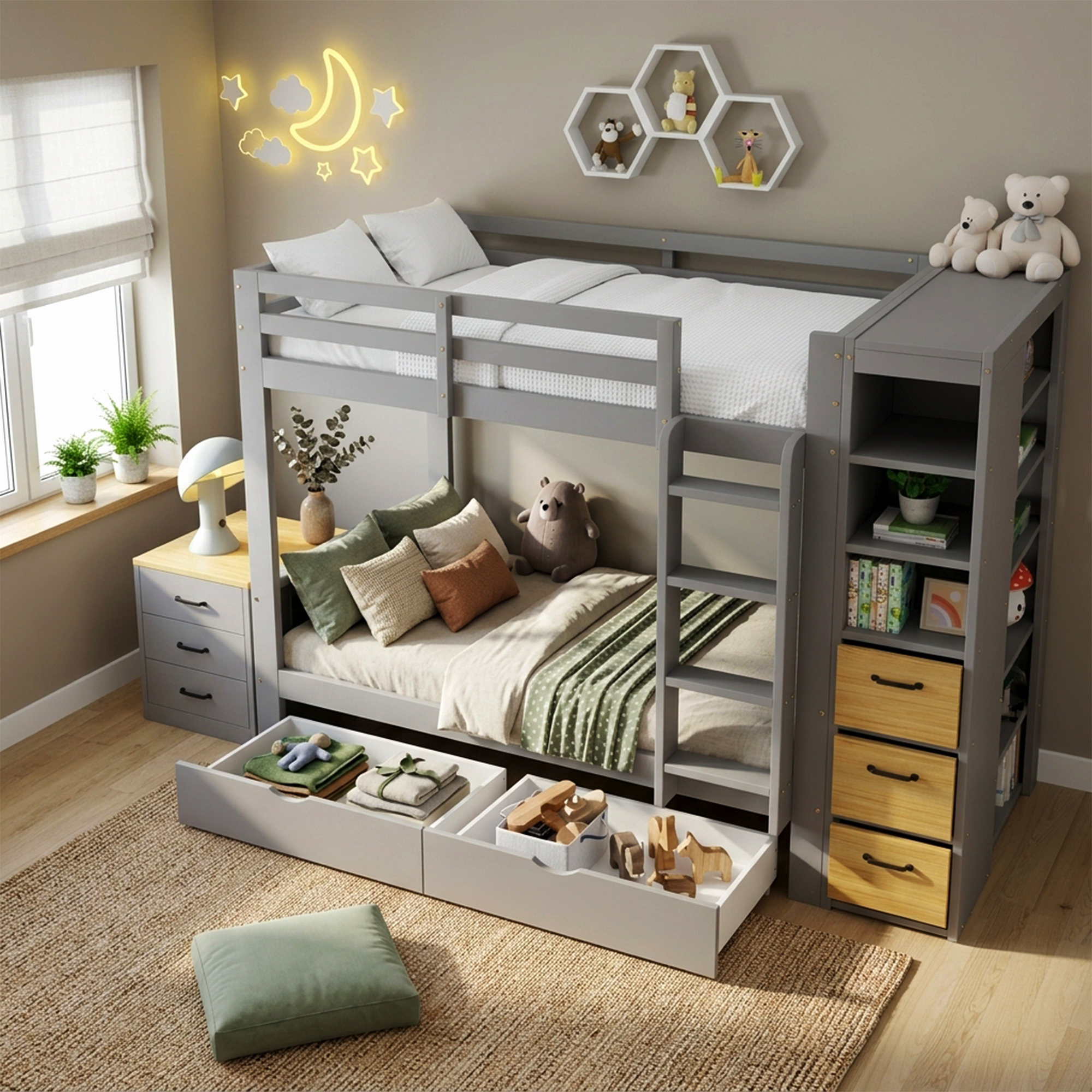 Lit superposé 90 x 200 cm / 239 x 102 cm avec 2 tiroirs, échelle, LED, rangements, bois massif et MDF, Gris clair et effet bois naturel - vue principale