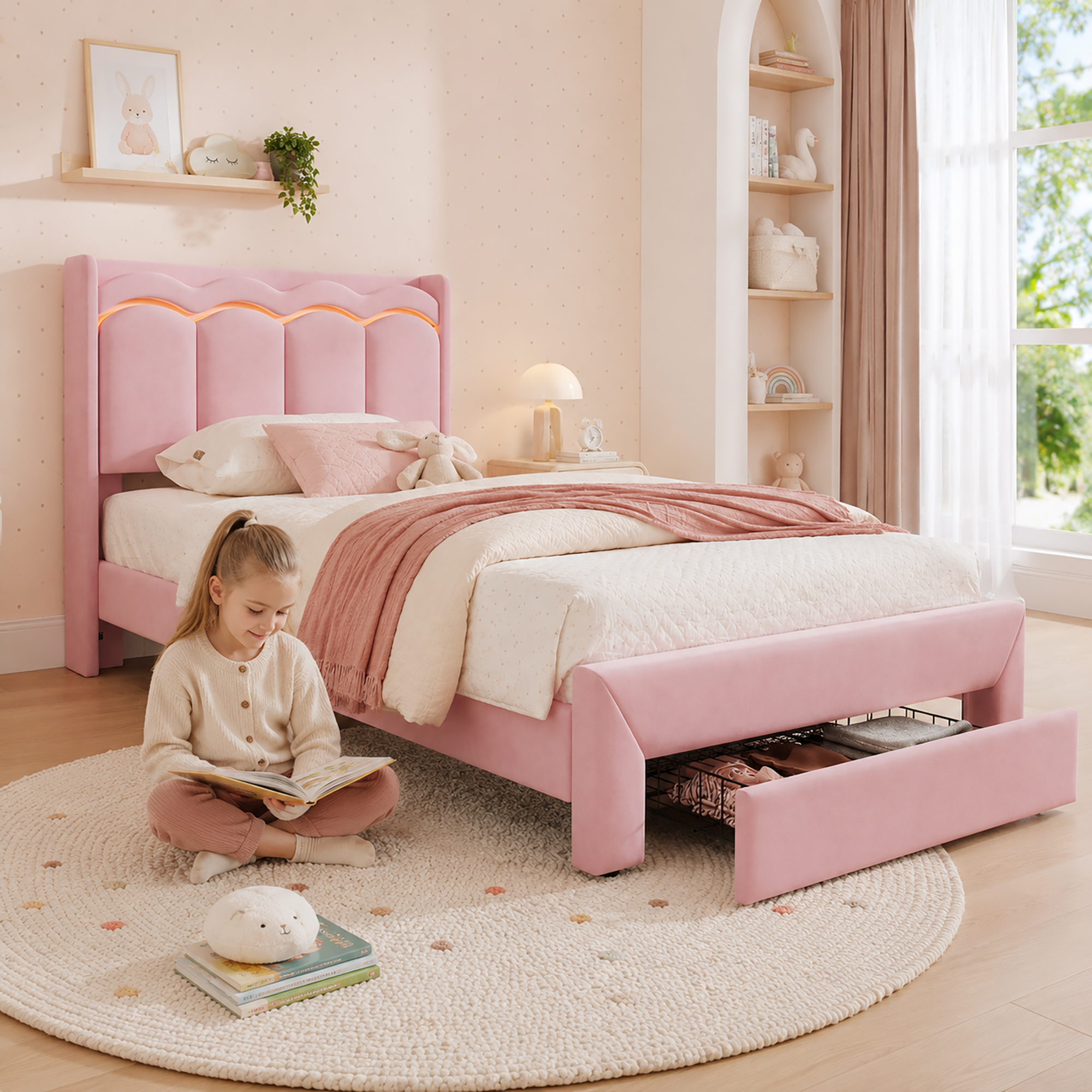 Lit enfant rembourré rose 90 x 200 cm avec tête de lit ondulée et tiroir