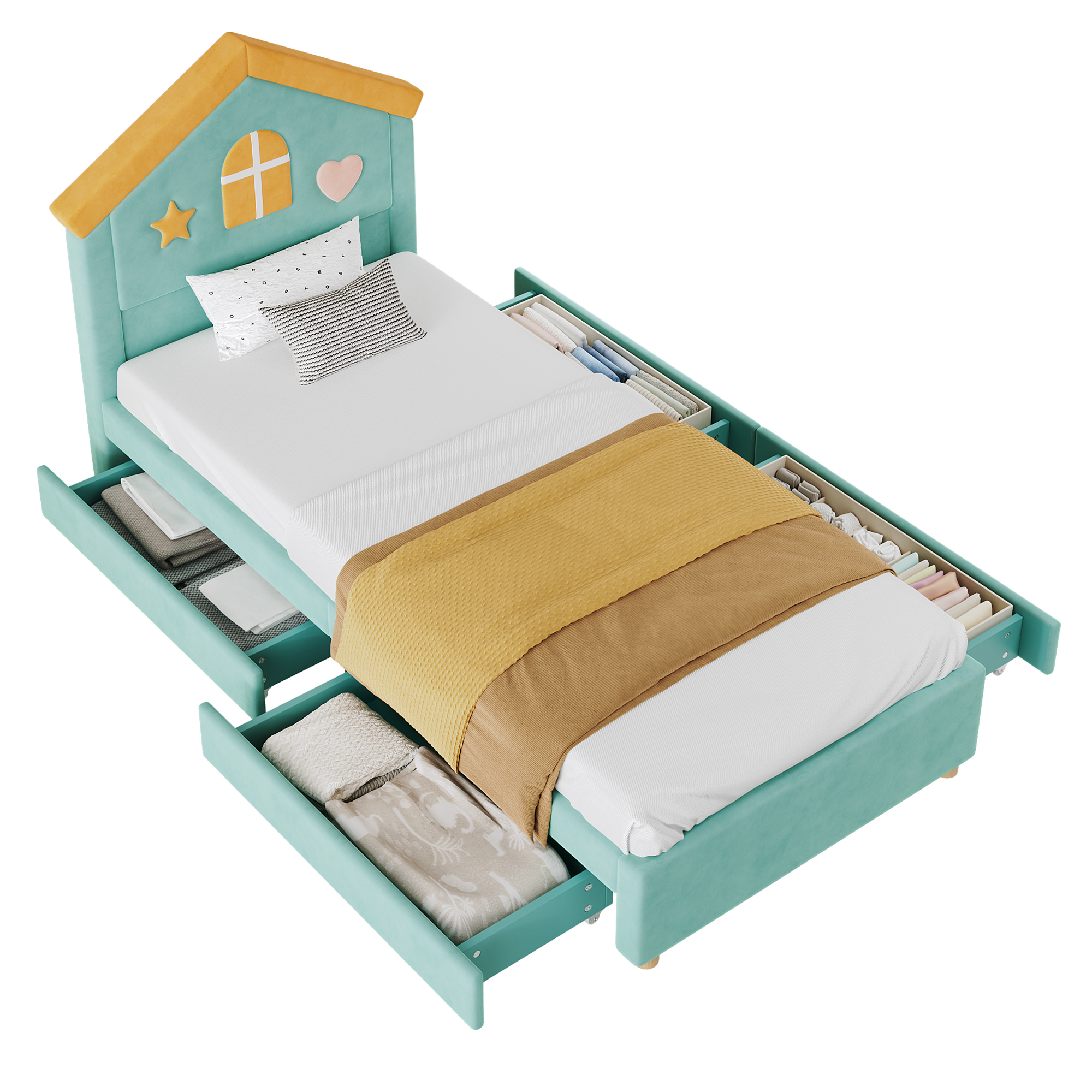 Lit cabane 90 x 200 cm avec 4 tiroirs, LED, ports de charge, velours, Bleu-vert - fonctions
