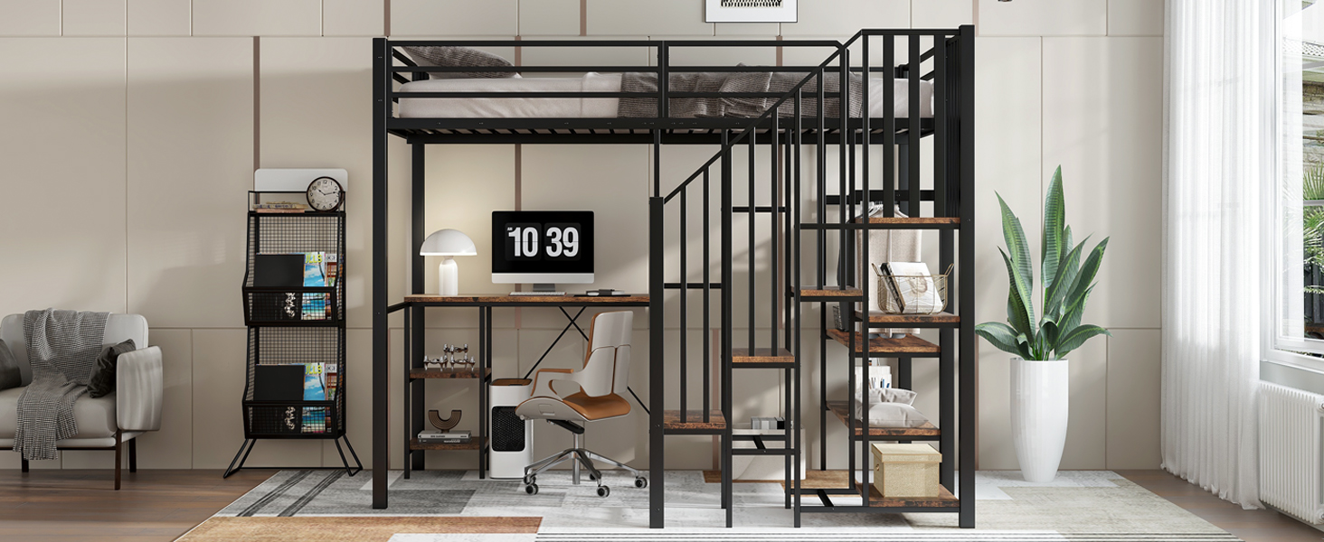 Lit mezzanine en fer avec bureau, étagères ouvertes, penderie ouverte latérale avec tringle, échelle-coffre 4 marches, pour chambre et étude, beaucoup de rangement, utilisation polyvalente, stabilité, fonctionnalité - image 11