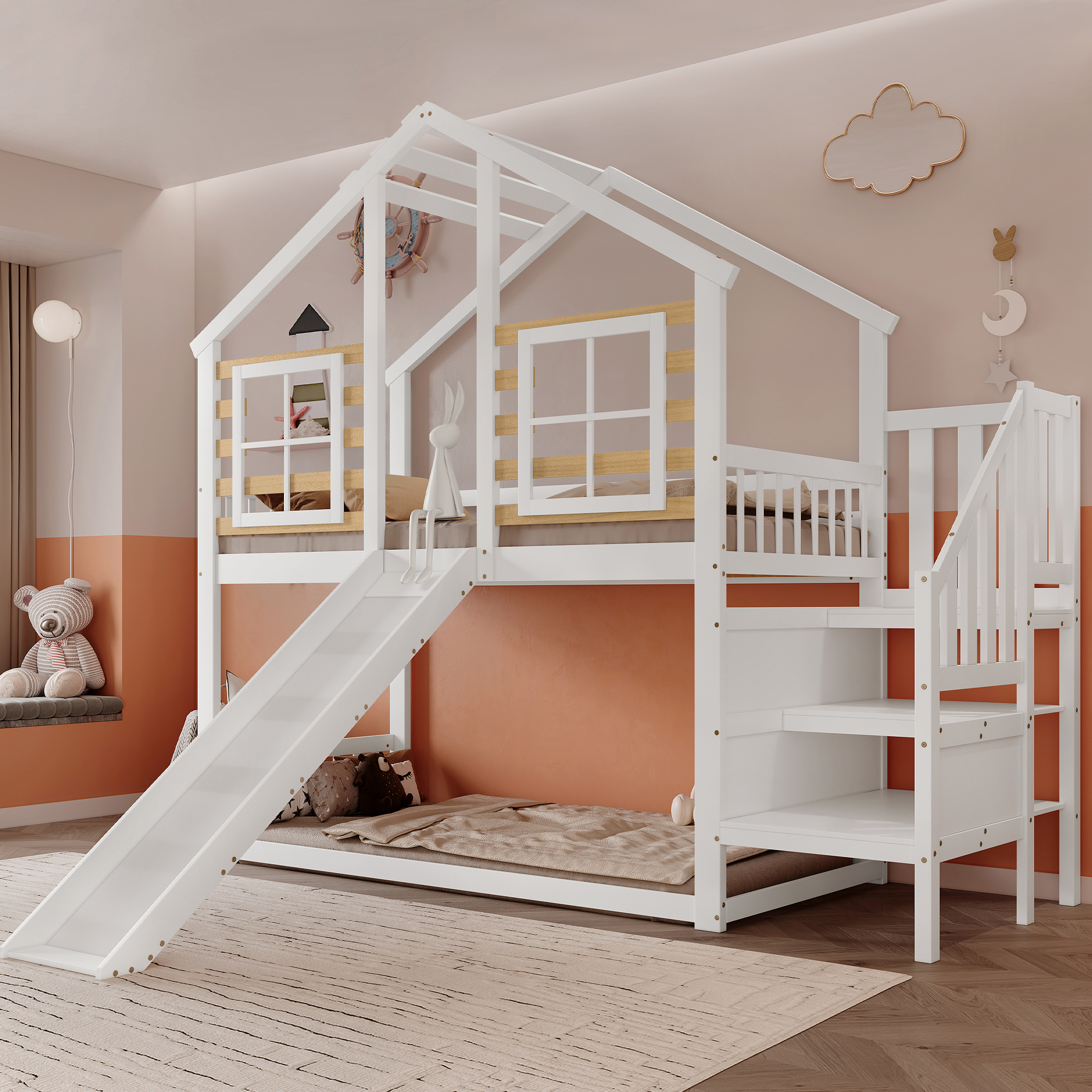 [30813839WAA] Etagenbett, Holzbett mit Treppe und 