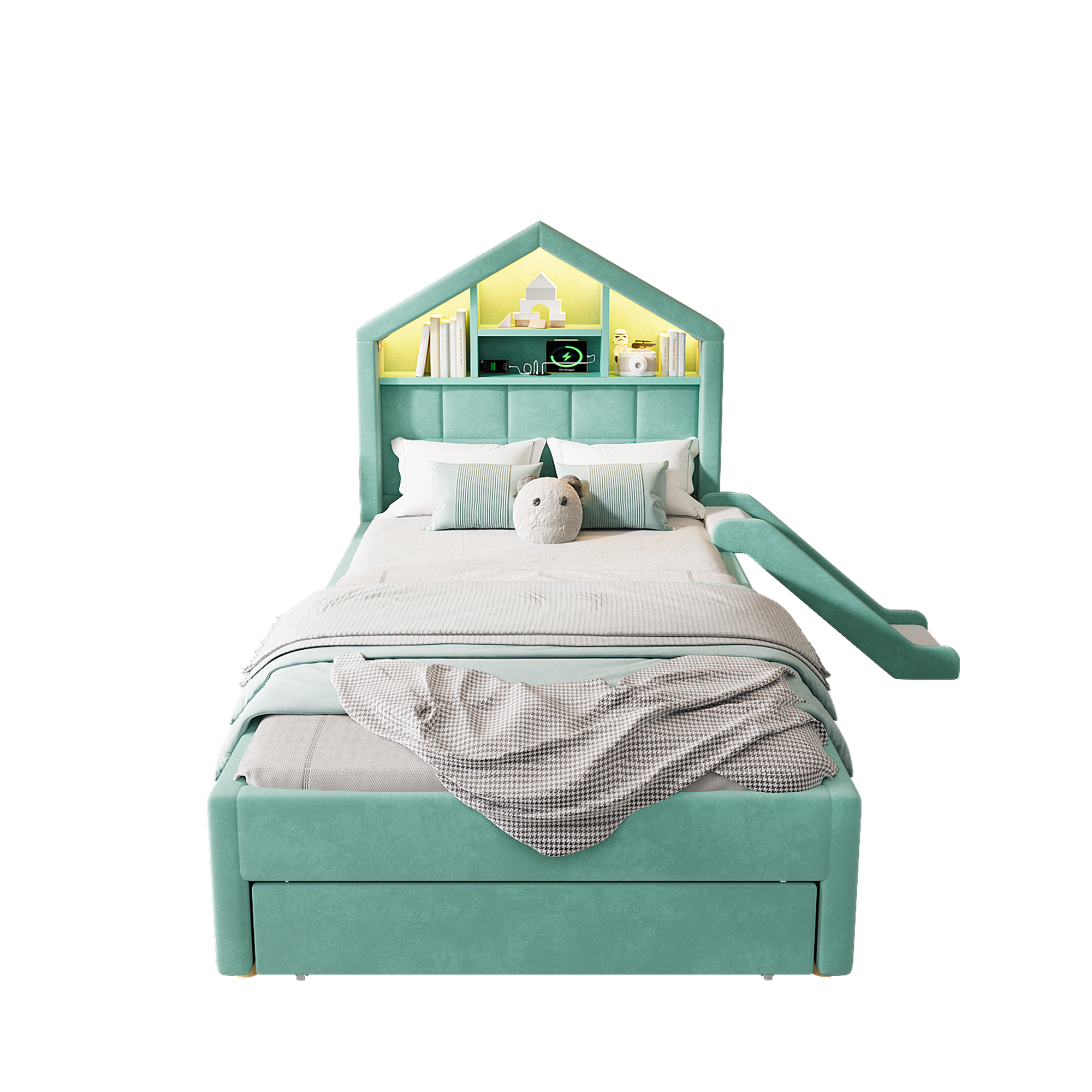Lit cabane 90 x 200 cm avec échelle, toboggan, LED, ports de charge, velours, Bleu-vert - fonctions