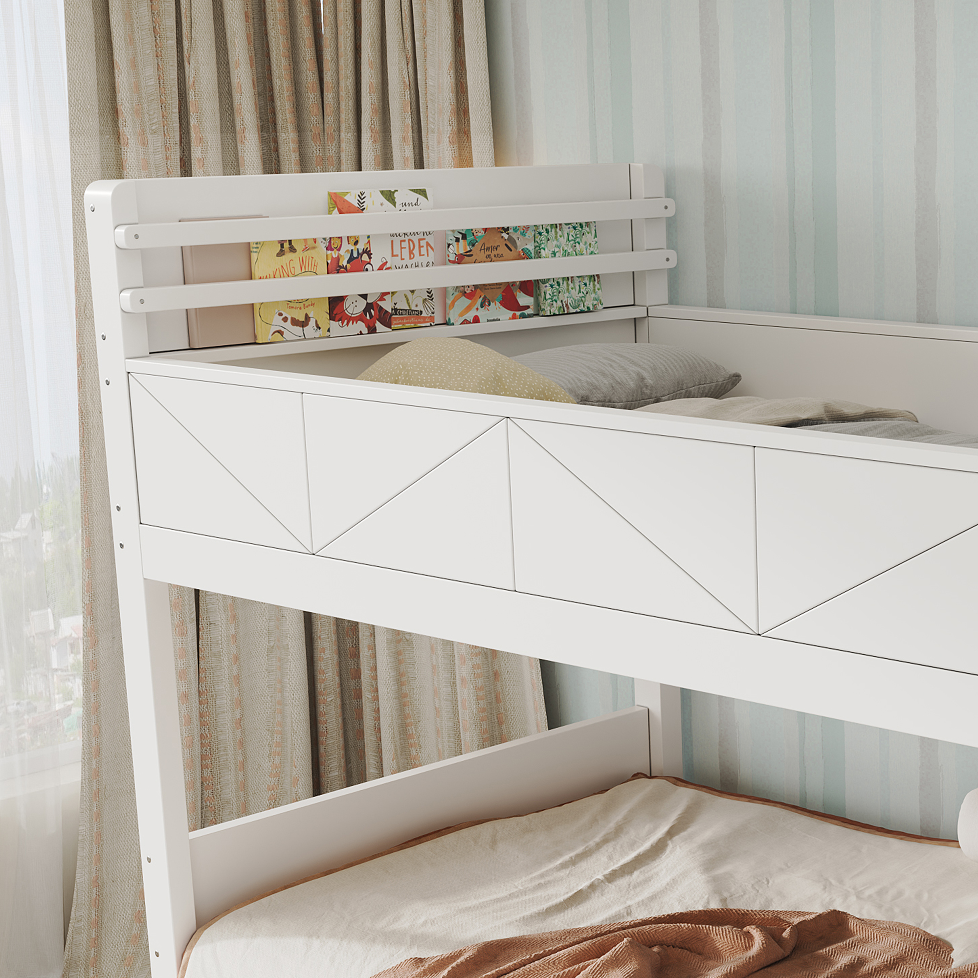 Lit superposé 90 x 200 cm, escalier de rangement, garde-corps, bois de pin, blanc, 254 x 95 x 189 cm 🛏️🪜 - vue principale 1