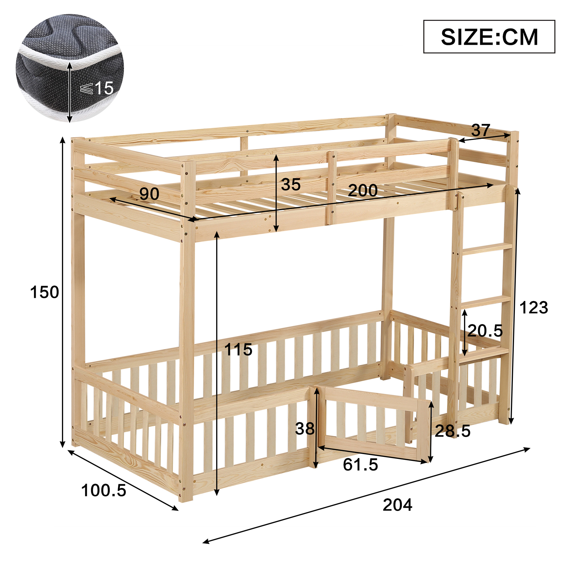 Lit superposé 90 x 200 cm, escalier d’angle, garde-corps, espace sous le lit aménageable, rangements intégrés, bois de pin, effet bois naturel, 204 x 100,5 x 150 cm 🛏️🪜 - vue complémentaire 1