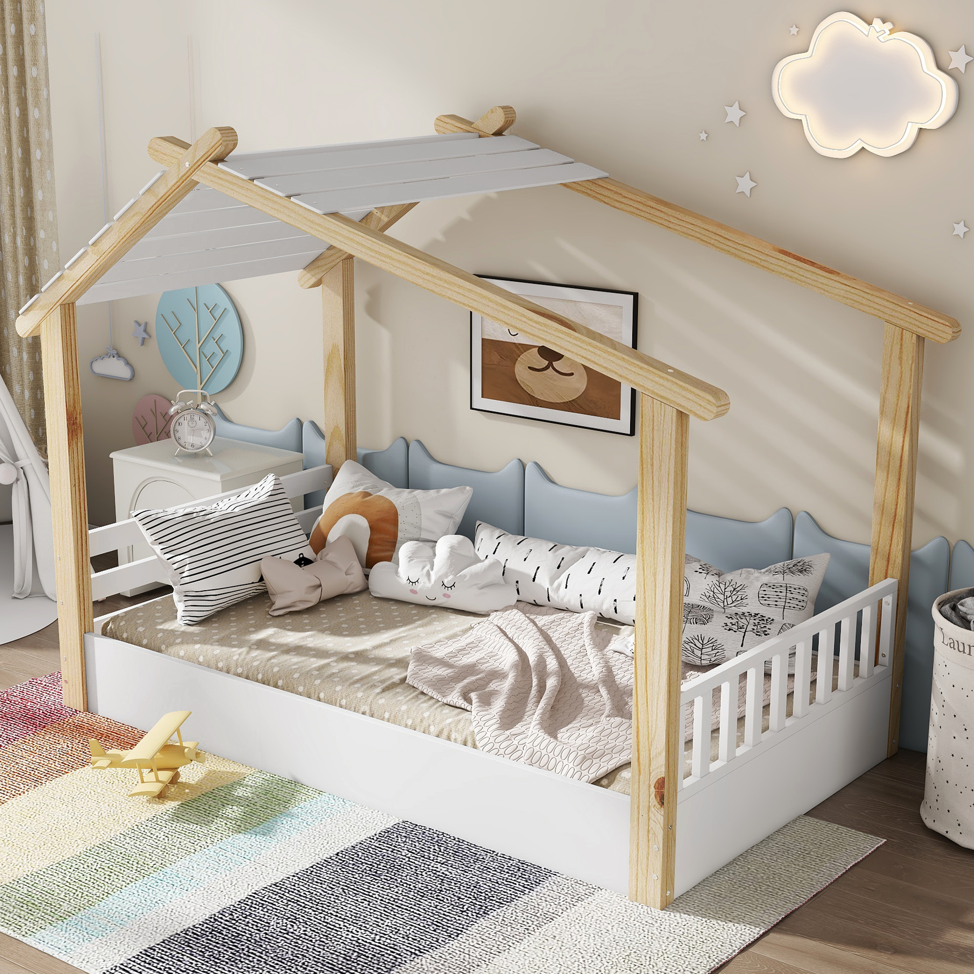 Lit enfant bois en forme de maison, pin et MDF, blanc et naturel, 90x200 cm 3