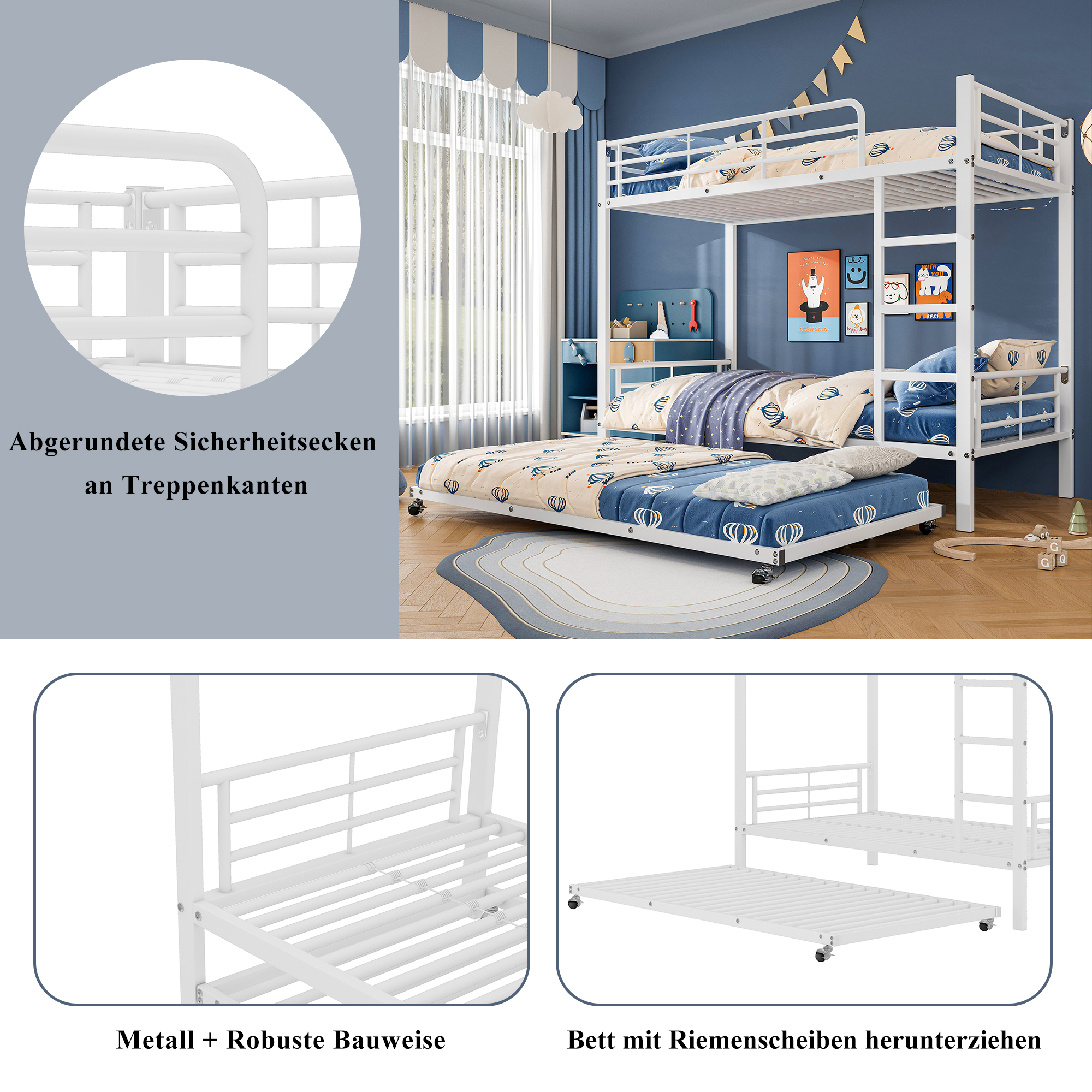 Lit superposé avec lit escamotable, pour matelas 90×200 et 90×190 cm, 4 barrières sécurité, échelle 3 marches, pour chambre d'enfant, gain de place vertical, accès sûr, design stable, style fonctionnel - image 2