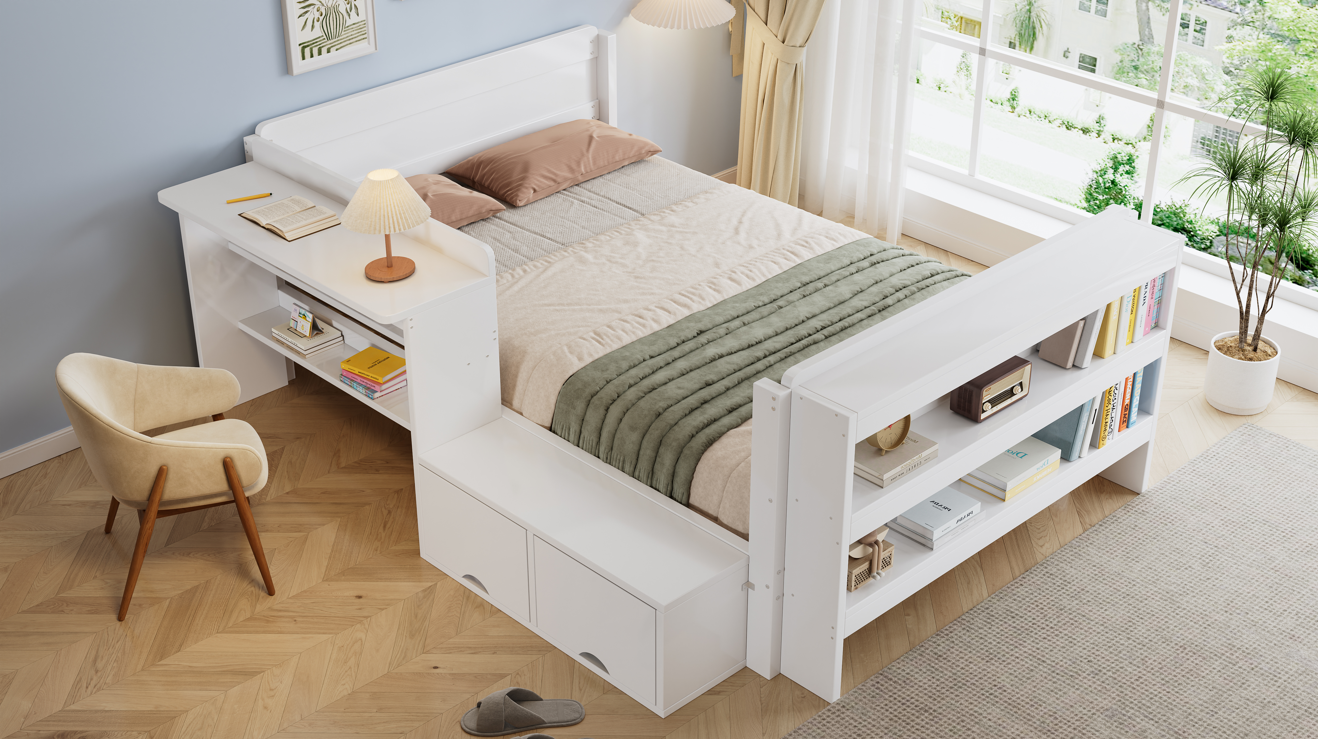 Lit multifonction blanc 120x200 cm avec bureau et rangements
