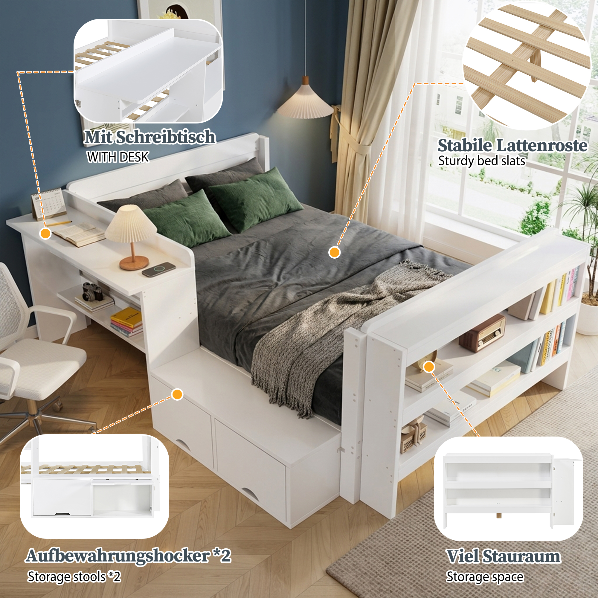 Détails du compartiment relevable et de l'étagère ouverte au pied du lit blanc 120x200 cm
