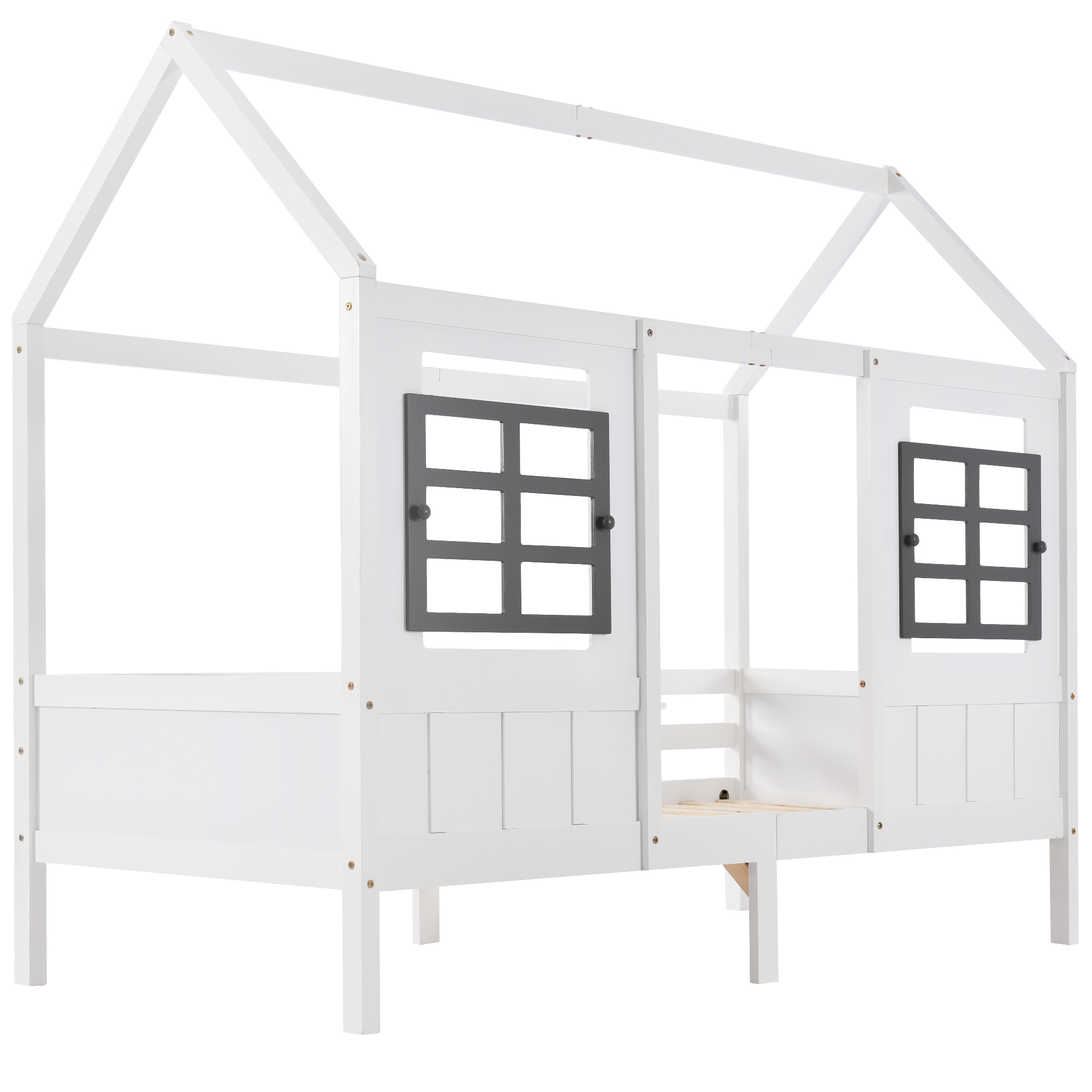 Lit enfant en forme de maison avec doubles fenêtres MDF, barrières sécurité, autocollants vis, pour chambre d'enfant, design chaleureux, sécurité renforcée, jeu et sommeil, style ludique, stabilité, confort - image 9