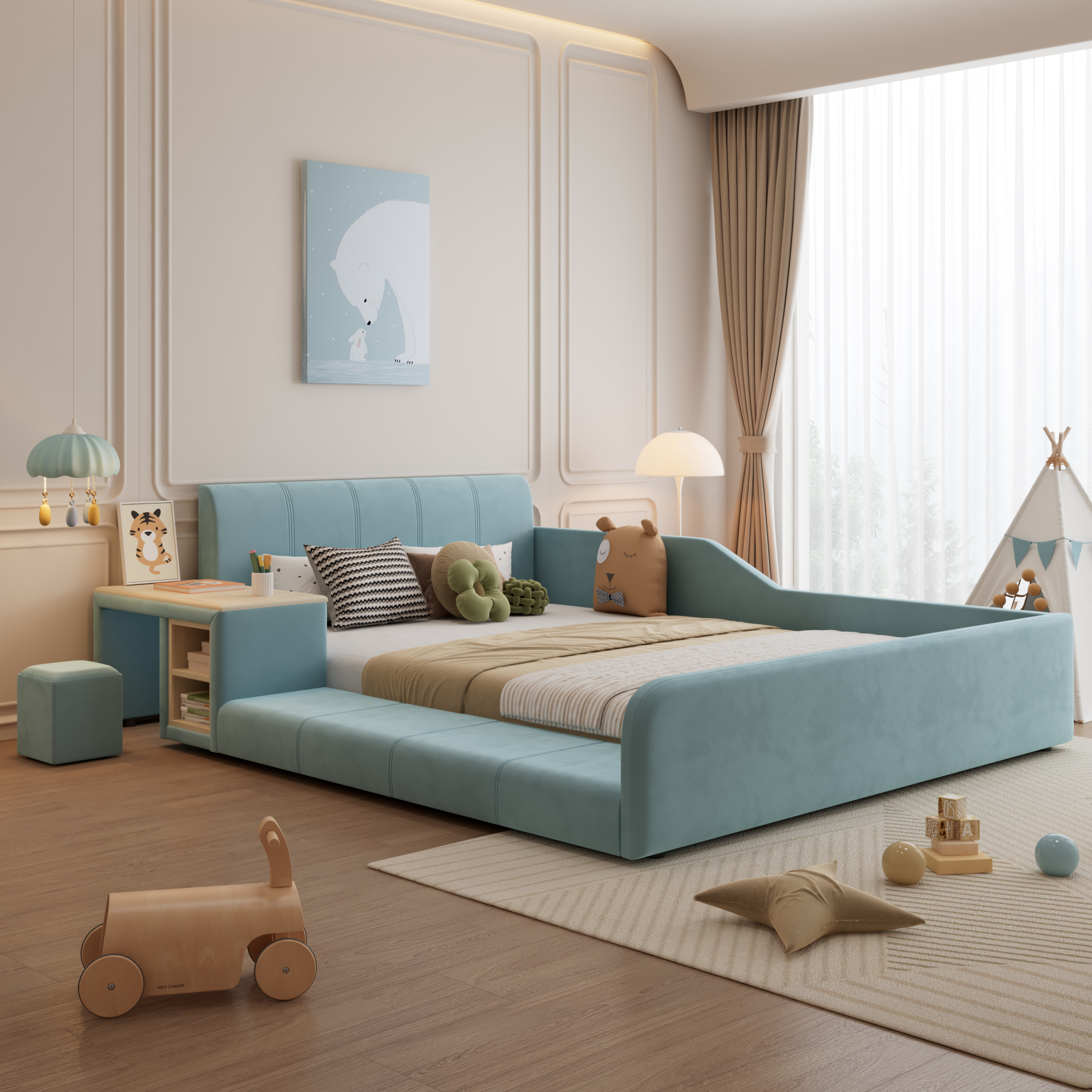 Polsterbett, Einzelbett mit Kinderschreibtisch und