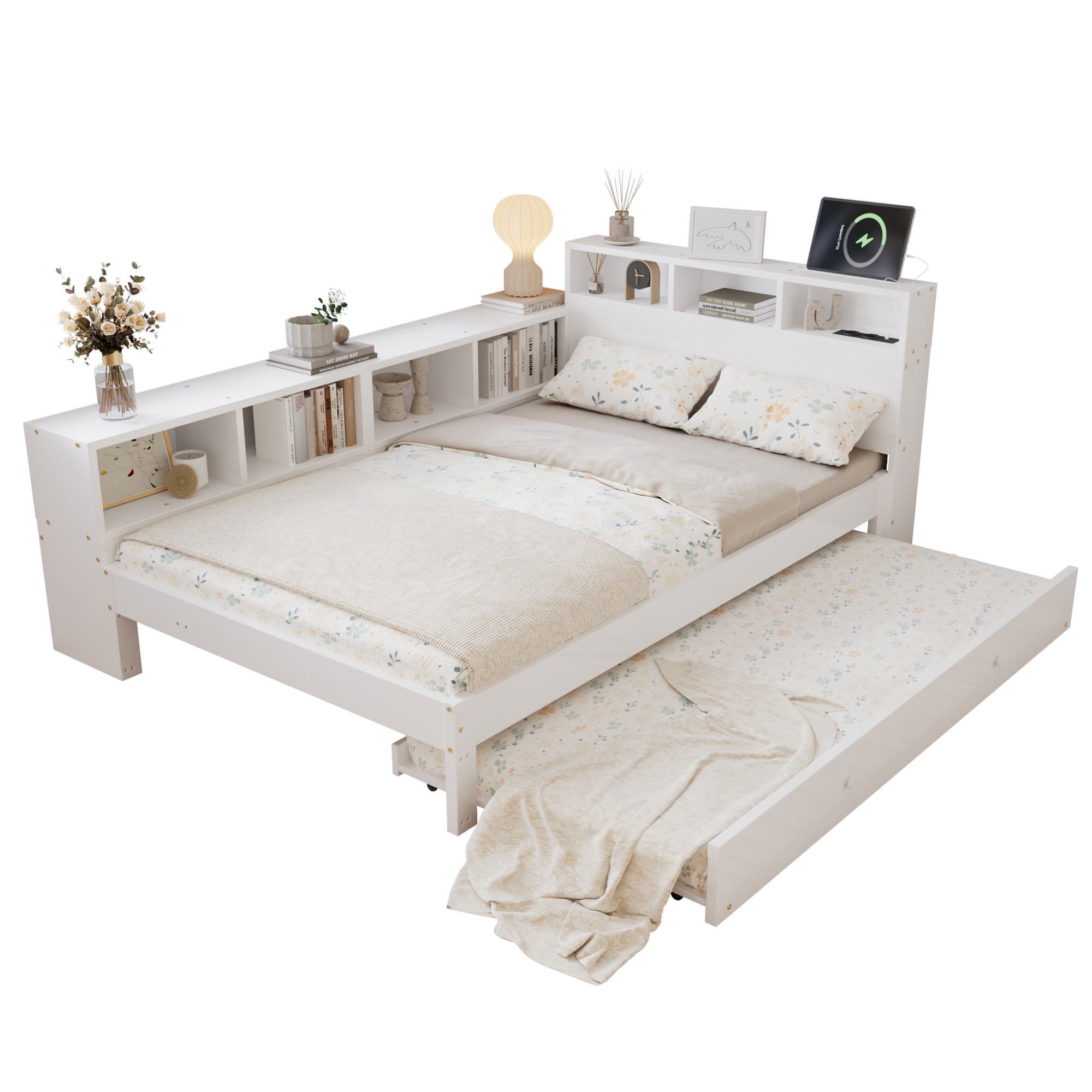 Lit / lit de chambre 120 x 200 cm avec éclairage LED, rangements intégrés, fonction extensible, blanc - points forts 1
