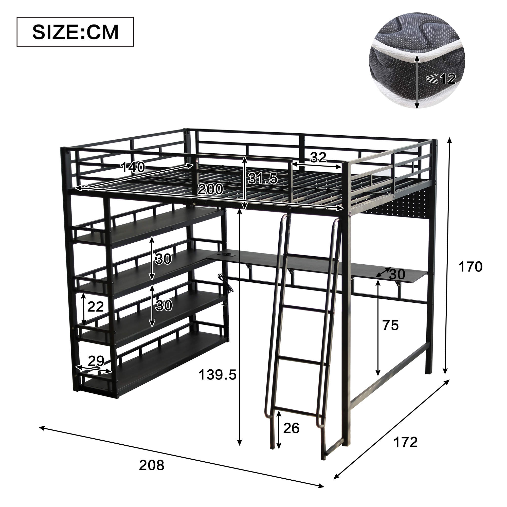 Lit mezzanine en fer noir avec étagères, rangements et prise de charge, 140x200 cm 5