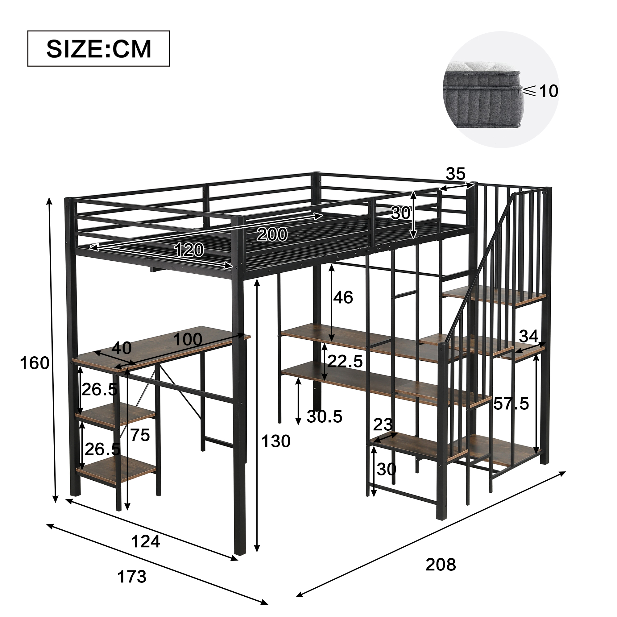 Lit mezzanine en fer avec bureau, étagères ouvertes, penderie ouverte latérale avec tringle, échelle-coffre 4 marches, pour chambre et étude, beaucoup de rangement, utilisation polyvalente, stabilité, fonctionnalité - image 6