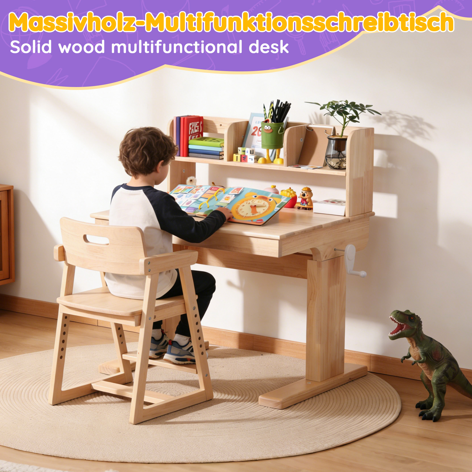 Bureau, pliable, hauteur réglable, rangement intégré, 92 x 60 x 89 cm, bois massif, bois naturel - vue 5