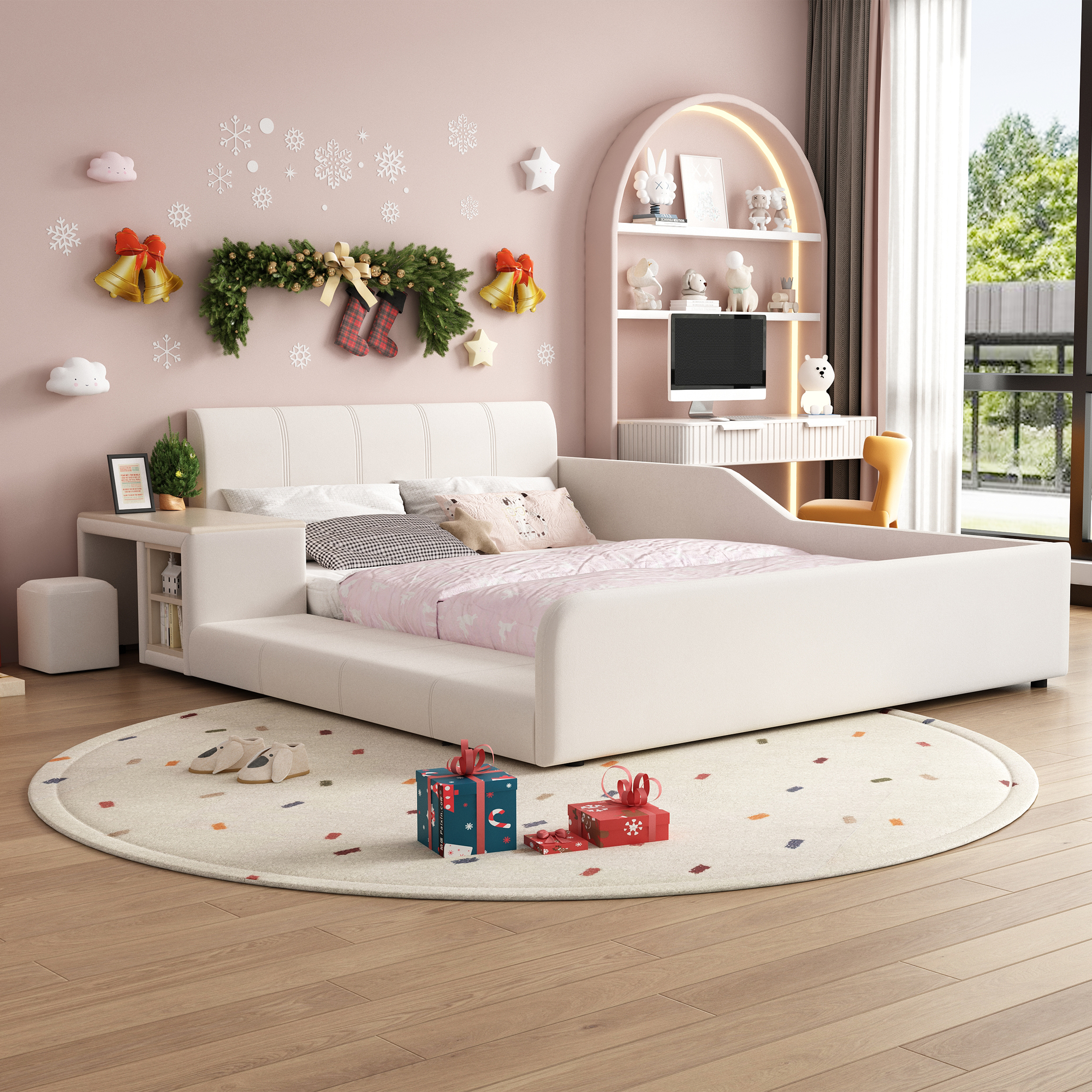 Lit capitonné en velours blanc avec bureau, tabouret et rangement, 140x200 cm 5