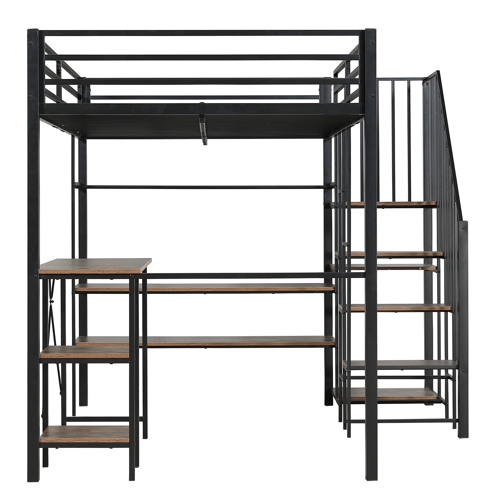 Lit mezzanine en fer avec bureau, étagères ouvertes, penderie ouverte latérale avec tringle, échelle-coffre 4 marches, pour chambre et étude, beaucoup de rangement, utilisation polyvalente, stabilité, fonctionnalité - image 17