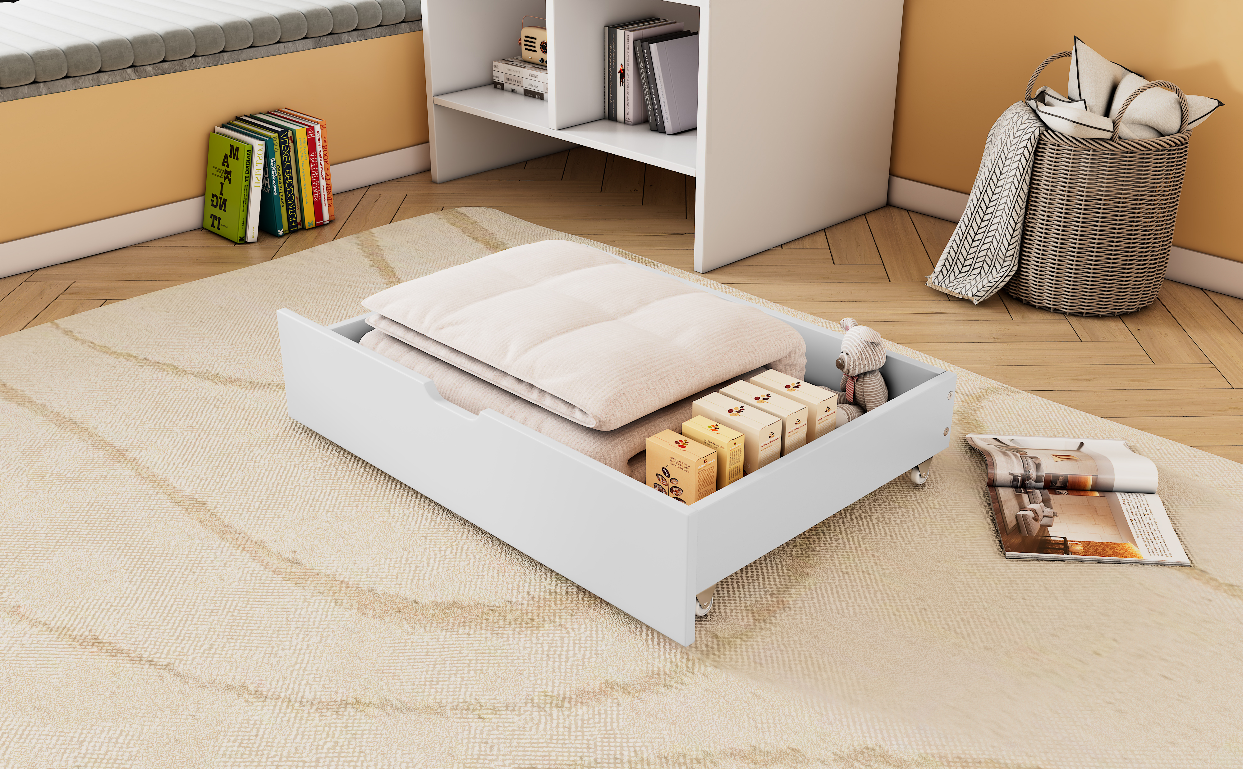 Tiroirs de rangement sous lit en MDF avec roulettes, blanc, 93x67x17 cm 4