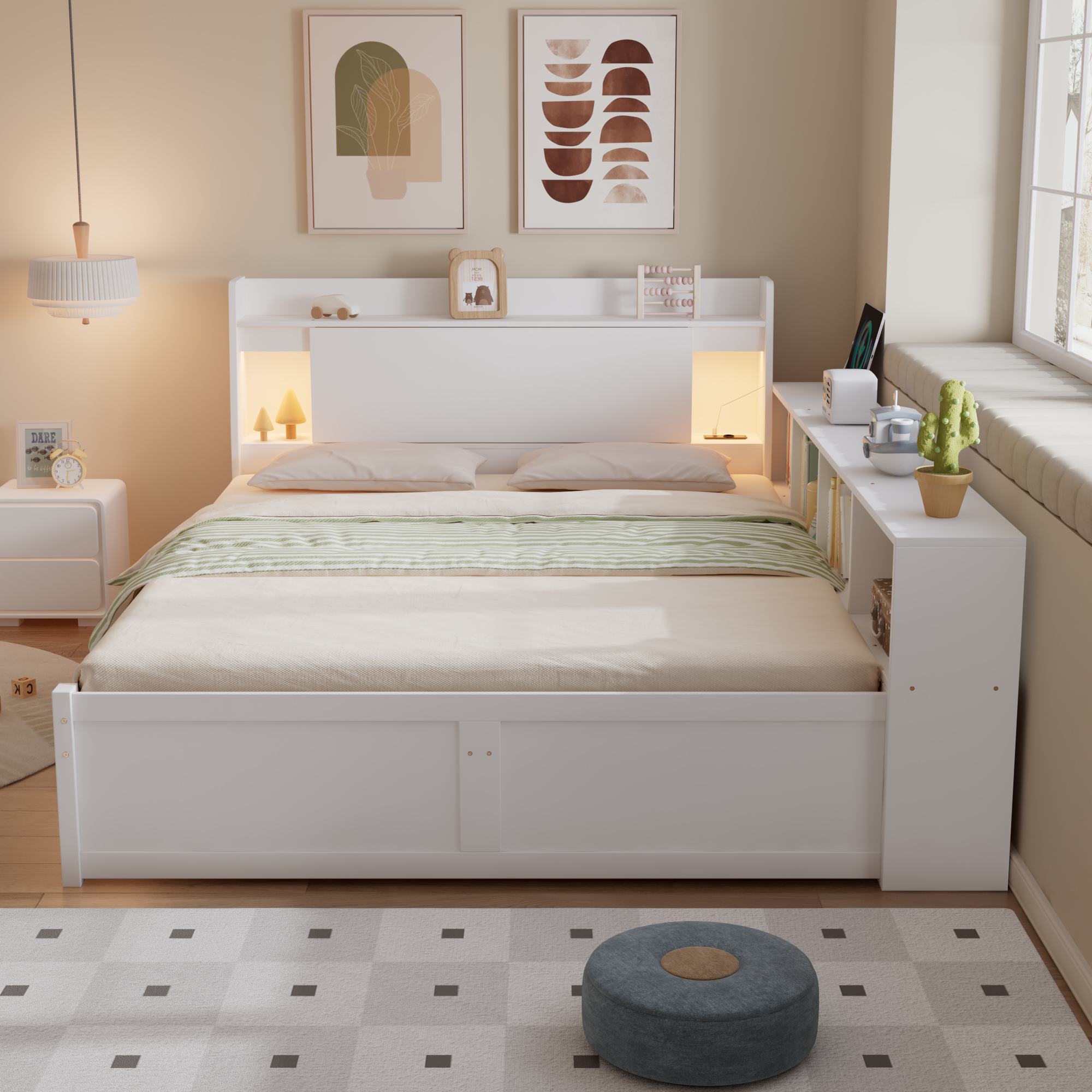 Doppelbett, Paneelbett, Kopfteil mit Ablagefach + 