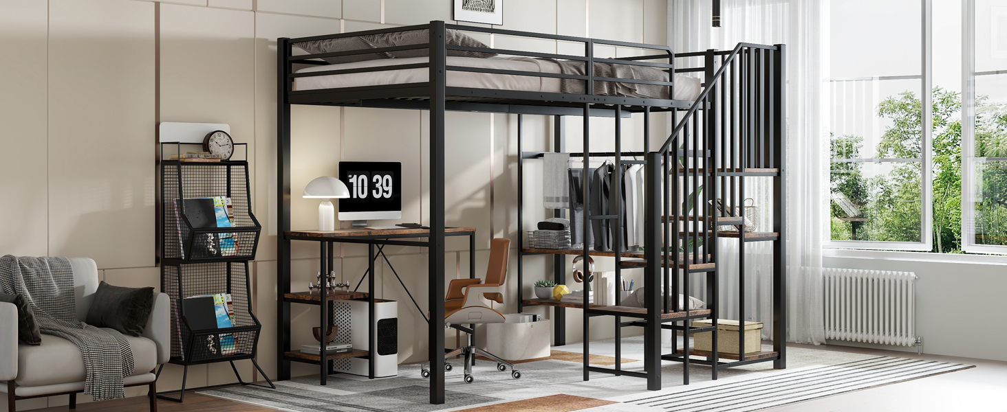 Lit mezzanine en fer avec bureau, étagères ouvertes, penderie ouverte latérale avec tringle, échelle-coffre 4 marches, pour chambre et étude, beaucoup de rangement, utilisation polyvalente, stabilité, fonctionnalité - image 9