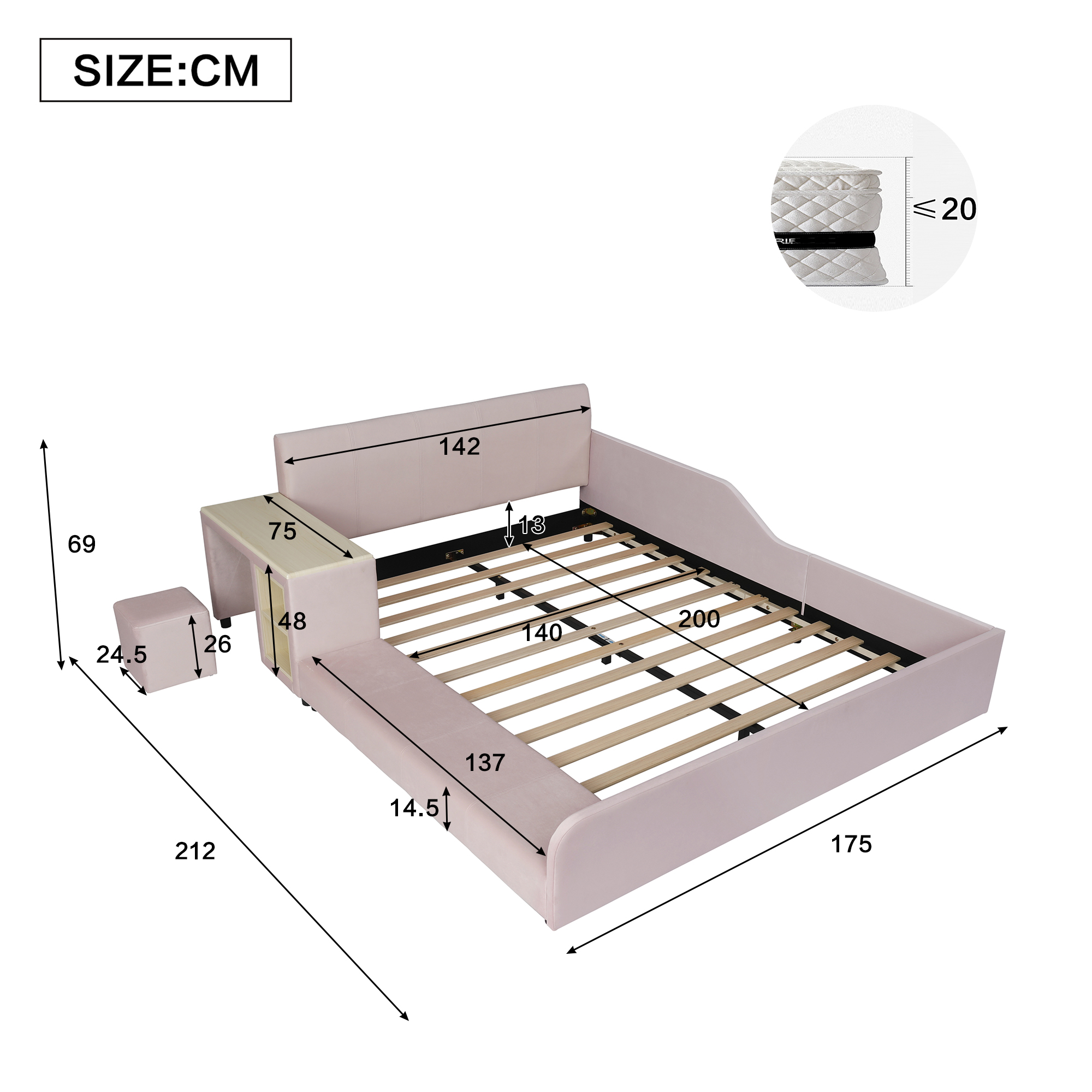Lit rembourré 140 x 200 cm avec éclairage LED, rangements intégrés, bureau intégré, tabouret, rose - vue complémentaire 1