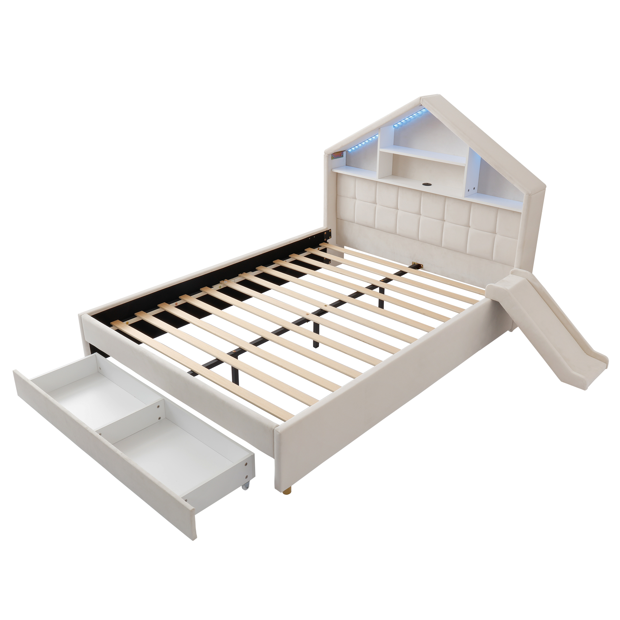 Lit cabane 140 x 200 cm avec échelle, toboggan, LED, ports de charge, velours, Beige - dimensions et détails