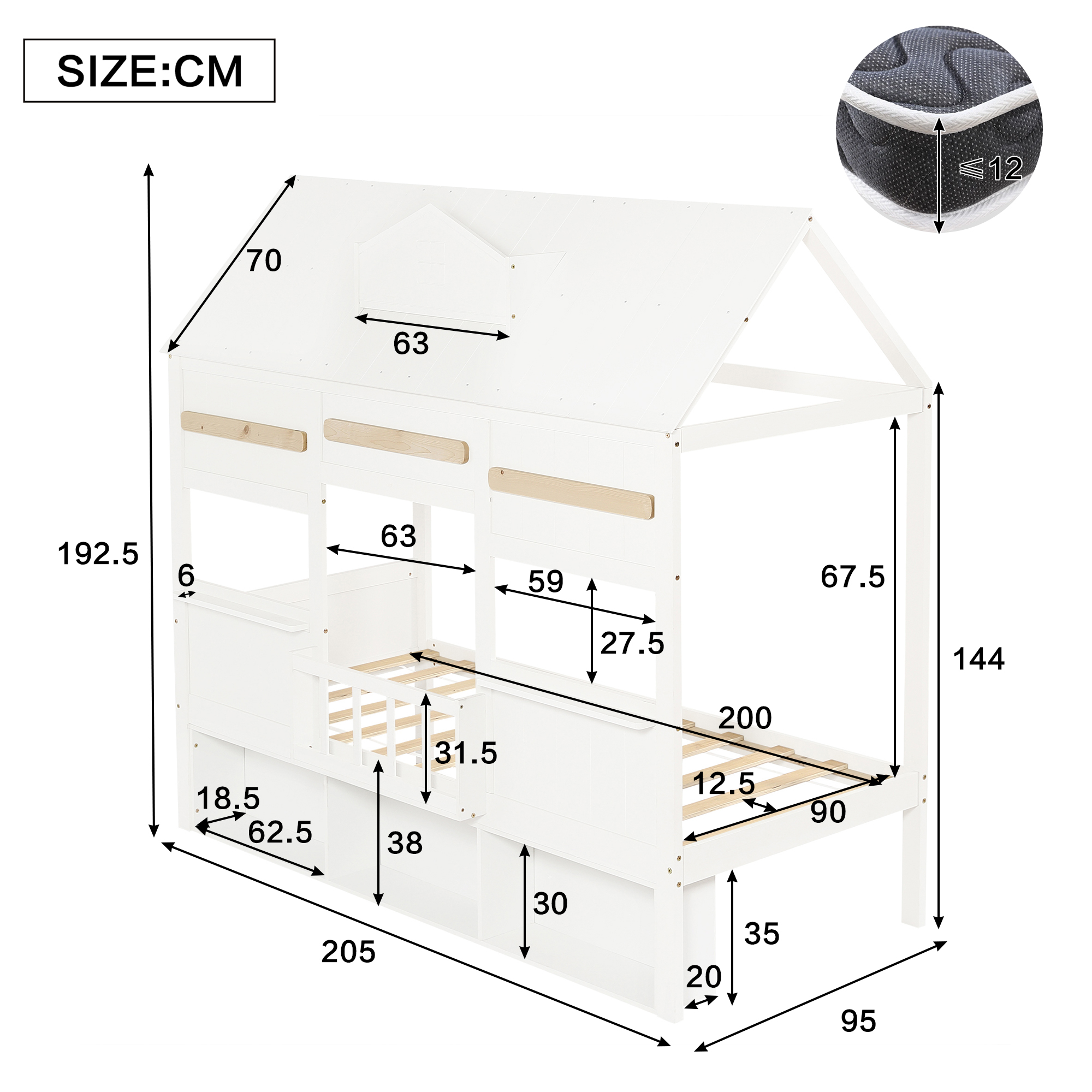 Schéma des dimensions détaillées du lit mezzanine