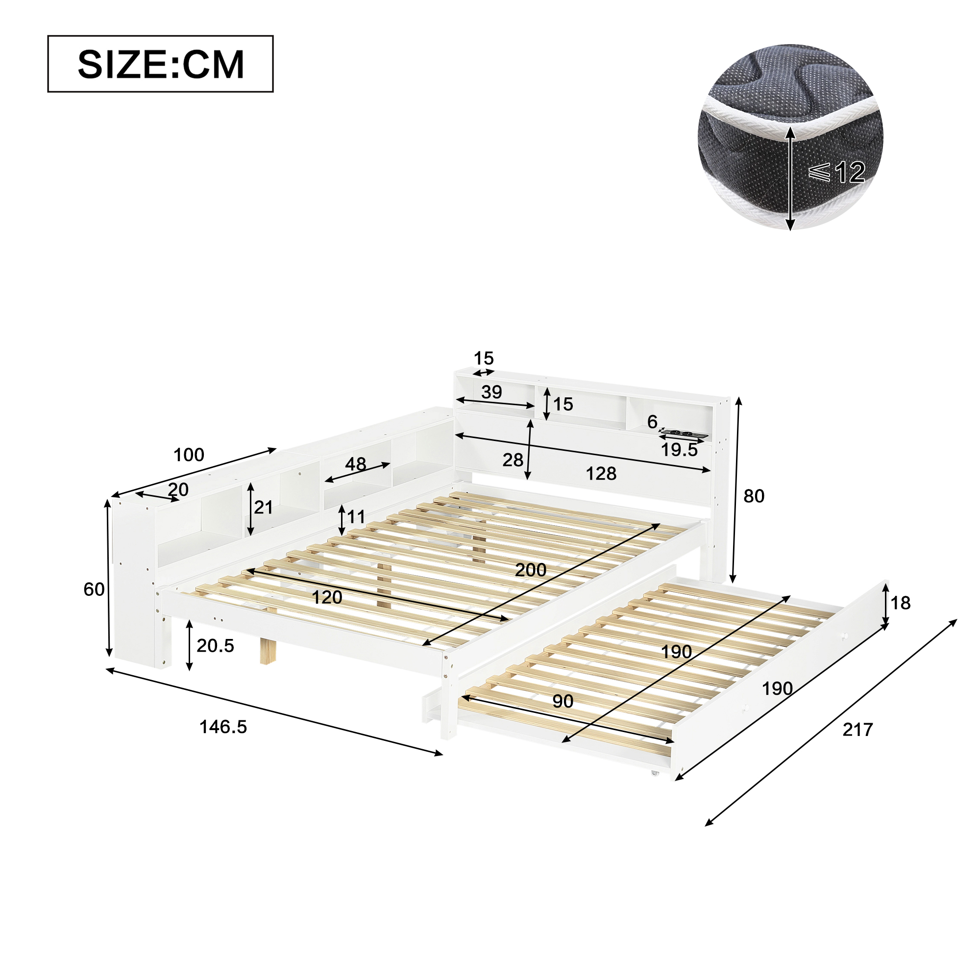 Lit / lit de chambre 120 x 200 cm avec éclairage LED, rangements intégrés, fonction extensible, blanc - vue complémentaire 1