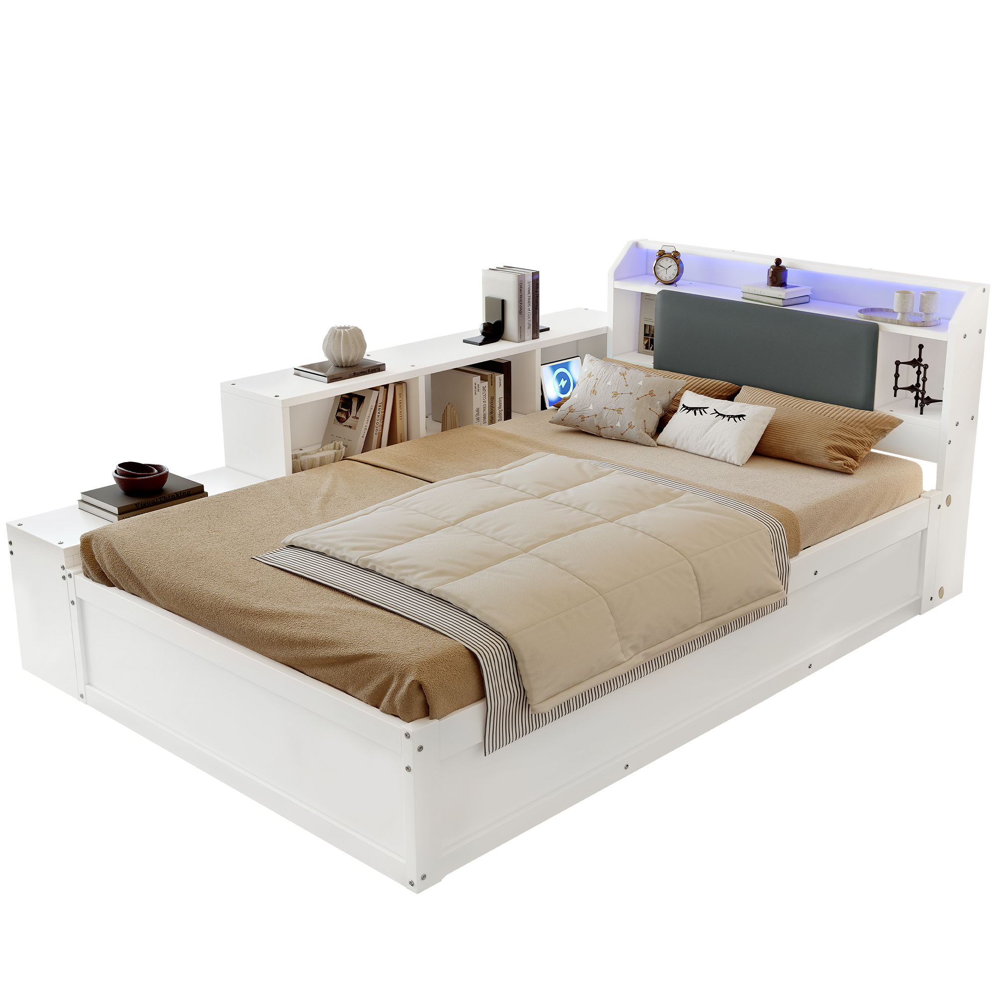 Lit / lit de chambre 120 x 200 cm avec éclairage LED, prises intégrées, rangements intégrés, rangement hydraulique, blanc - points forts 1