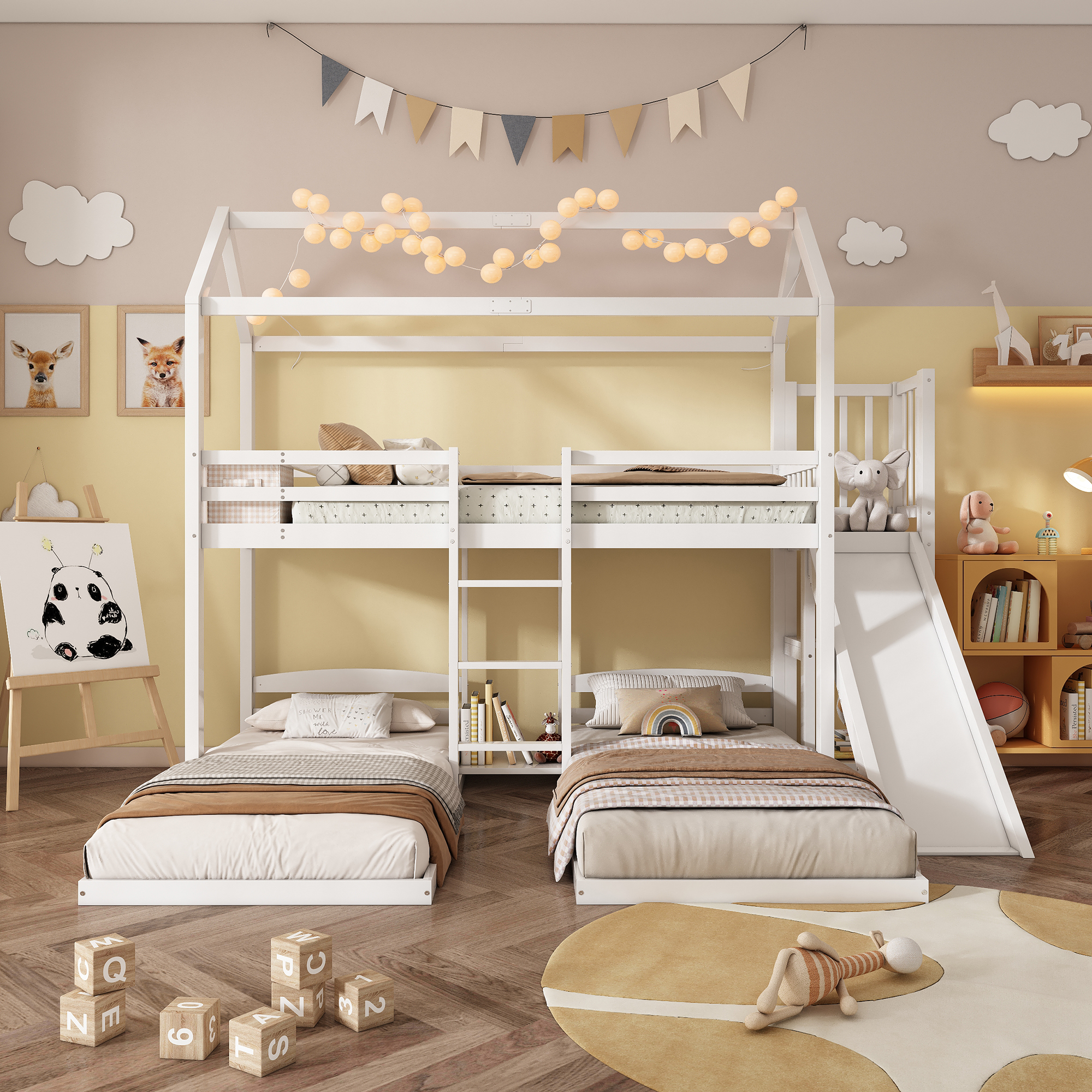 Lit superposé enfant avec toit, toboggan et rangement intégré, pin et MDF, blanc, 90x200 cm 1